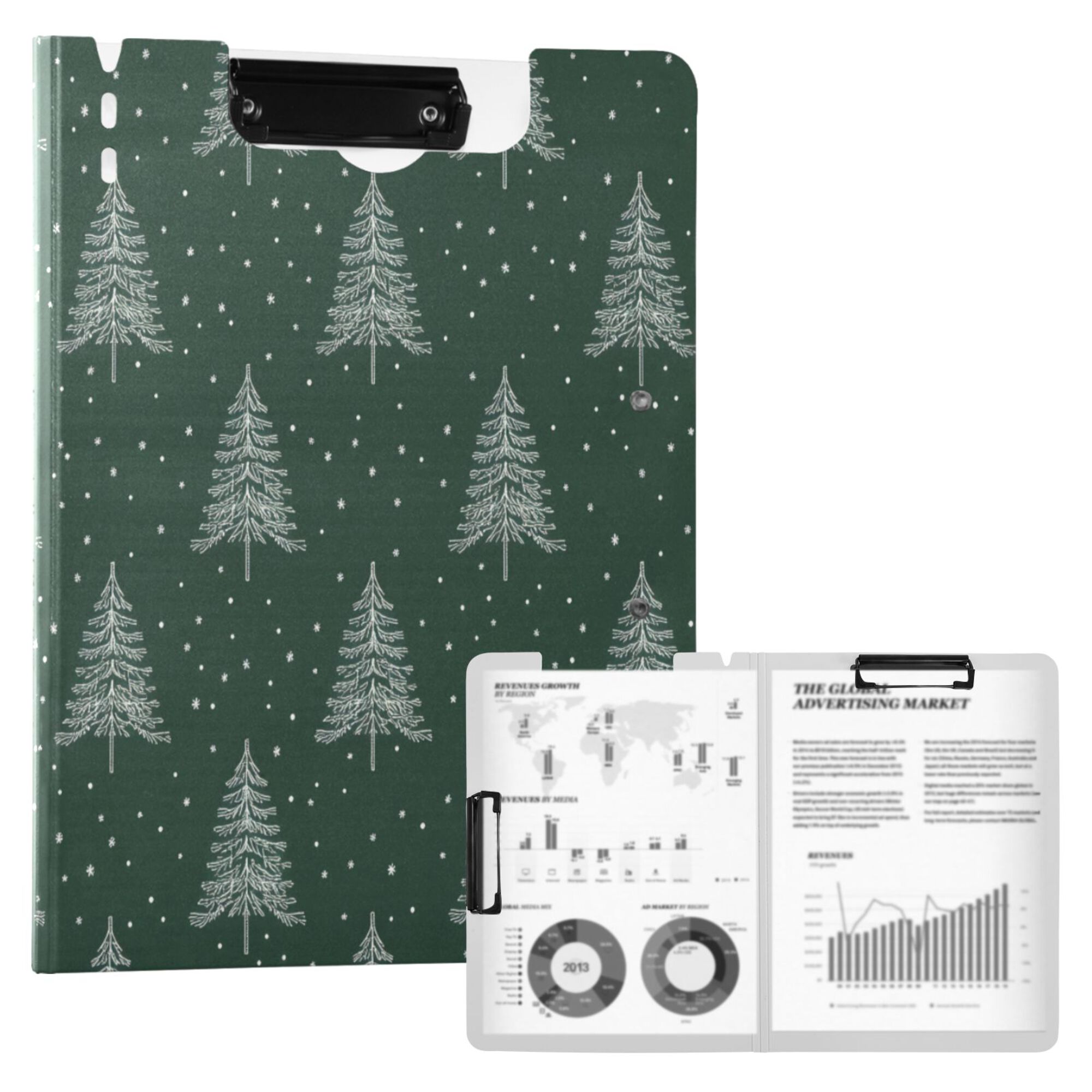 FORMRS A4 Clipboard Folder with Pen Holder Horizontal Foldable School Office Binder, New Year Tree Pattern