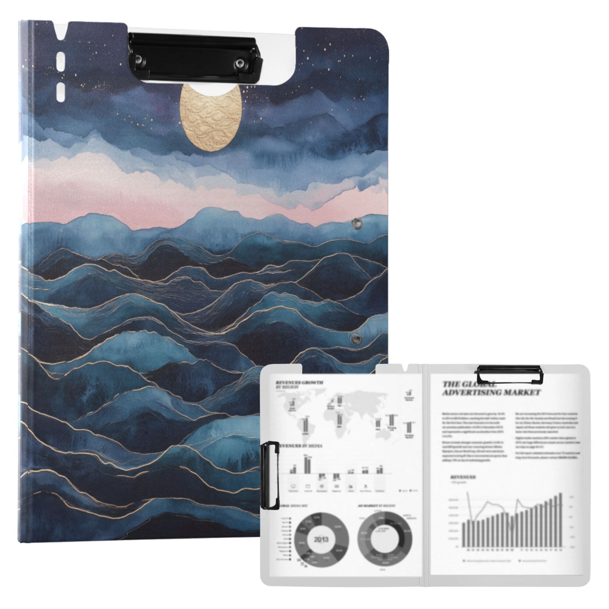 FORMRS A4 Clipboard Folder with Pen Holder Horizontal Foldable School Office Binder, Ocean Waves