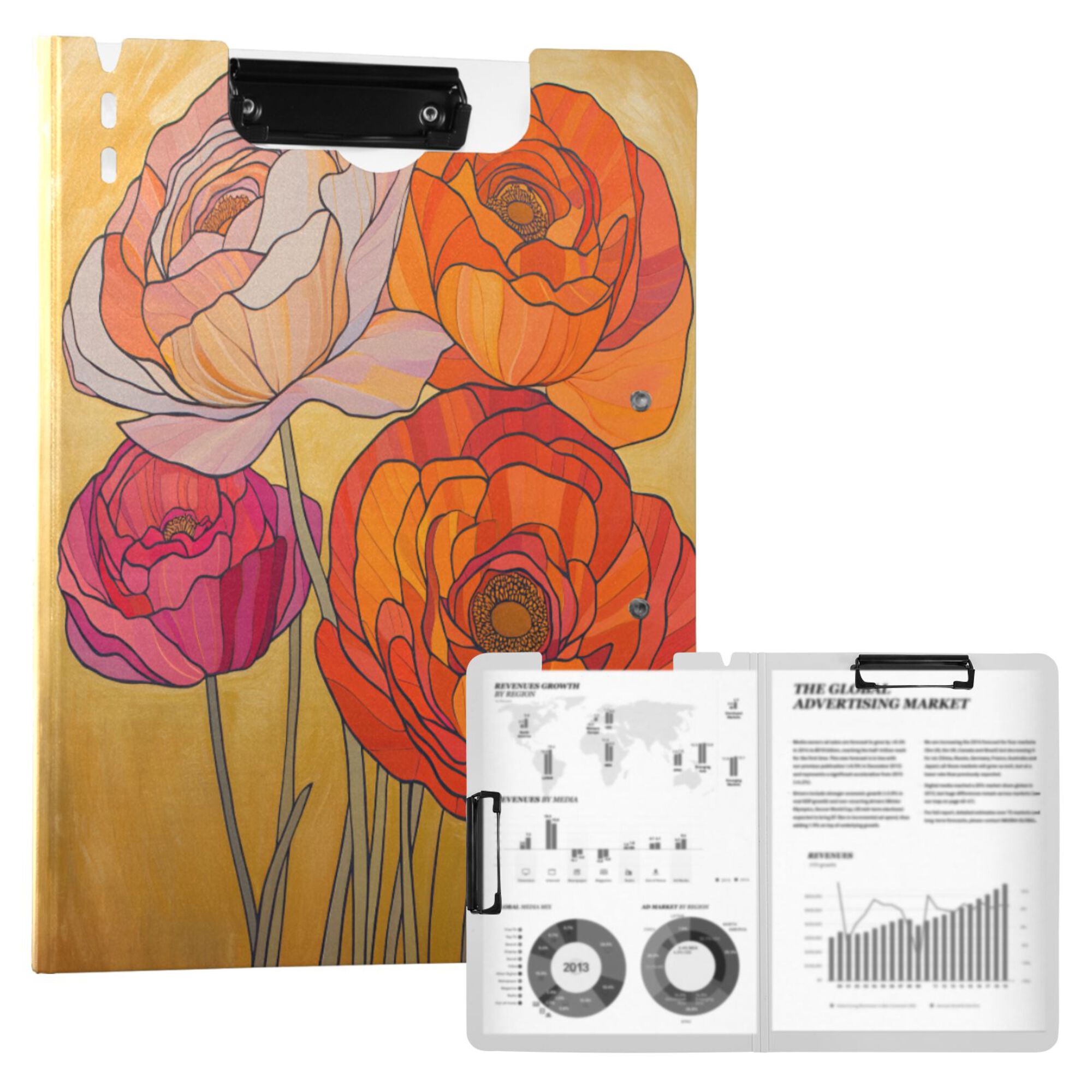 FORMRS A4 Clipboard Folder with Pen Holder Horizontal Foldable School Office Binder, Orange Abstract Floral