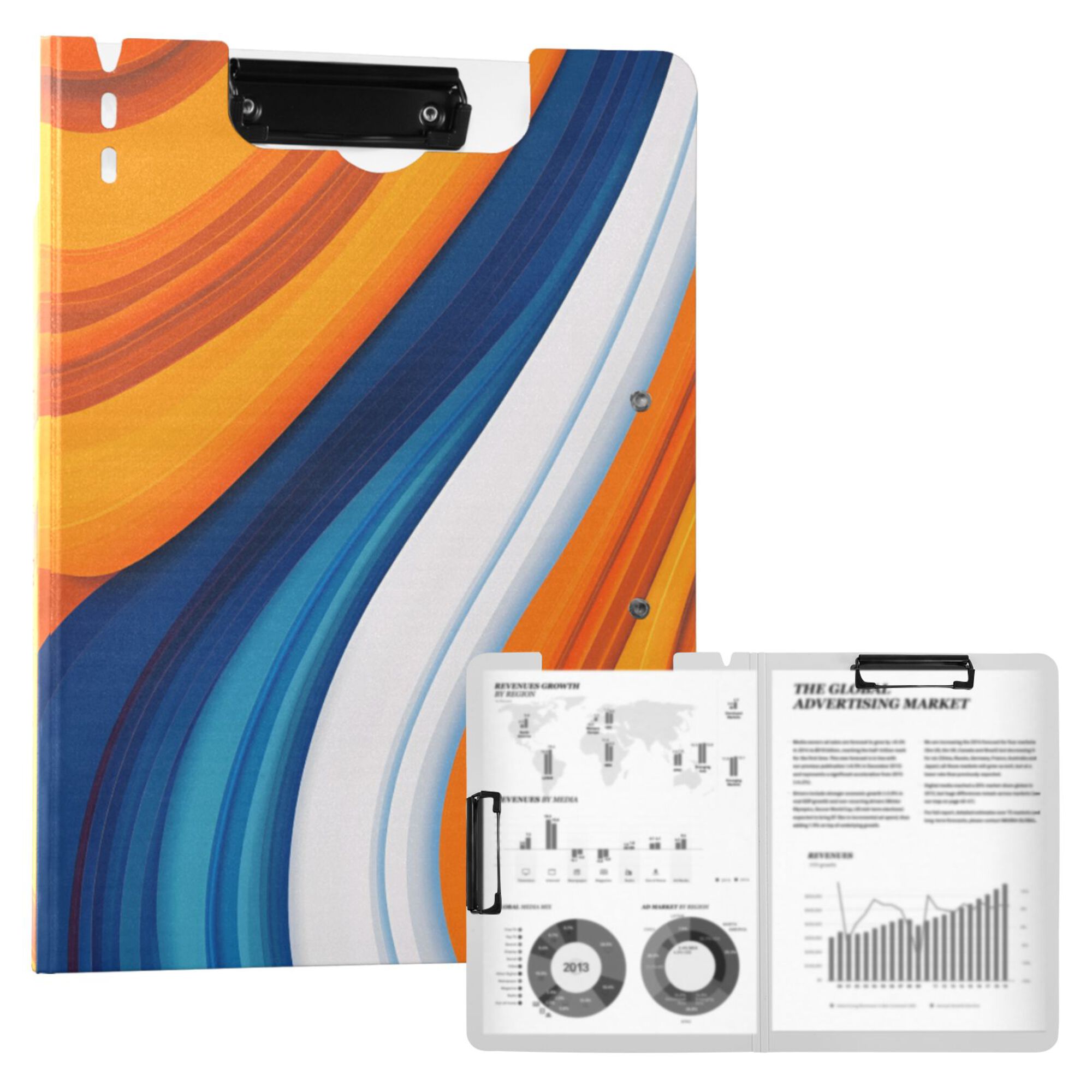 FORMRS A4 Clipboard Folder with Pen Holder Horizontal Foldable School Office Binder, Orange Abstract Wavy