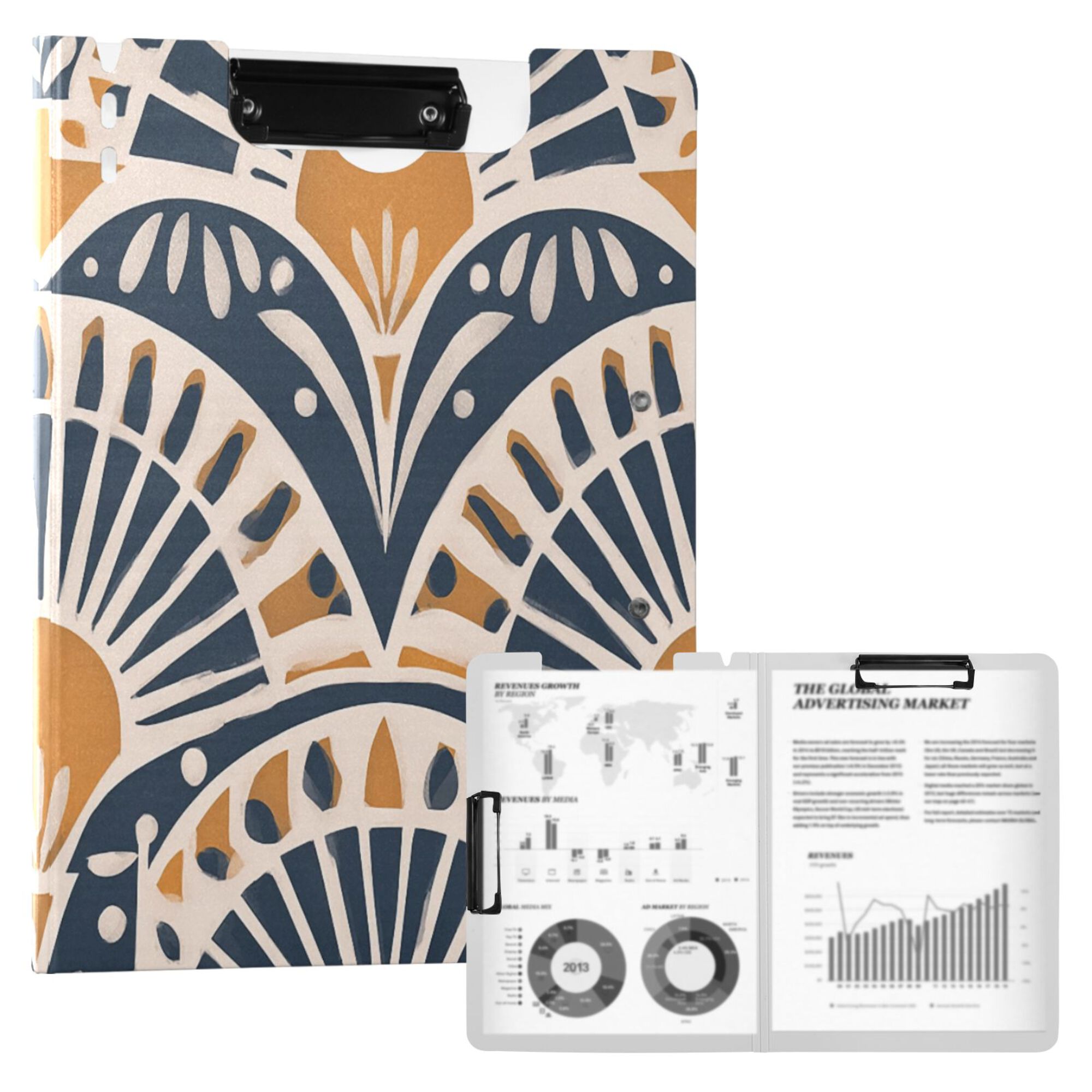 FORMRS A4 Clipboard Folder with Pen Holder Horizontal Foldable School Office Binder, Orange Art Pattern