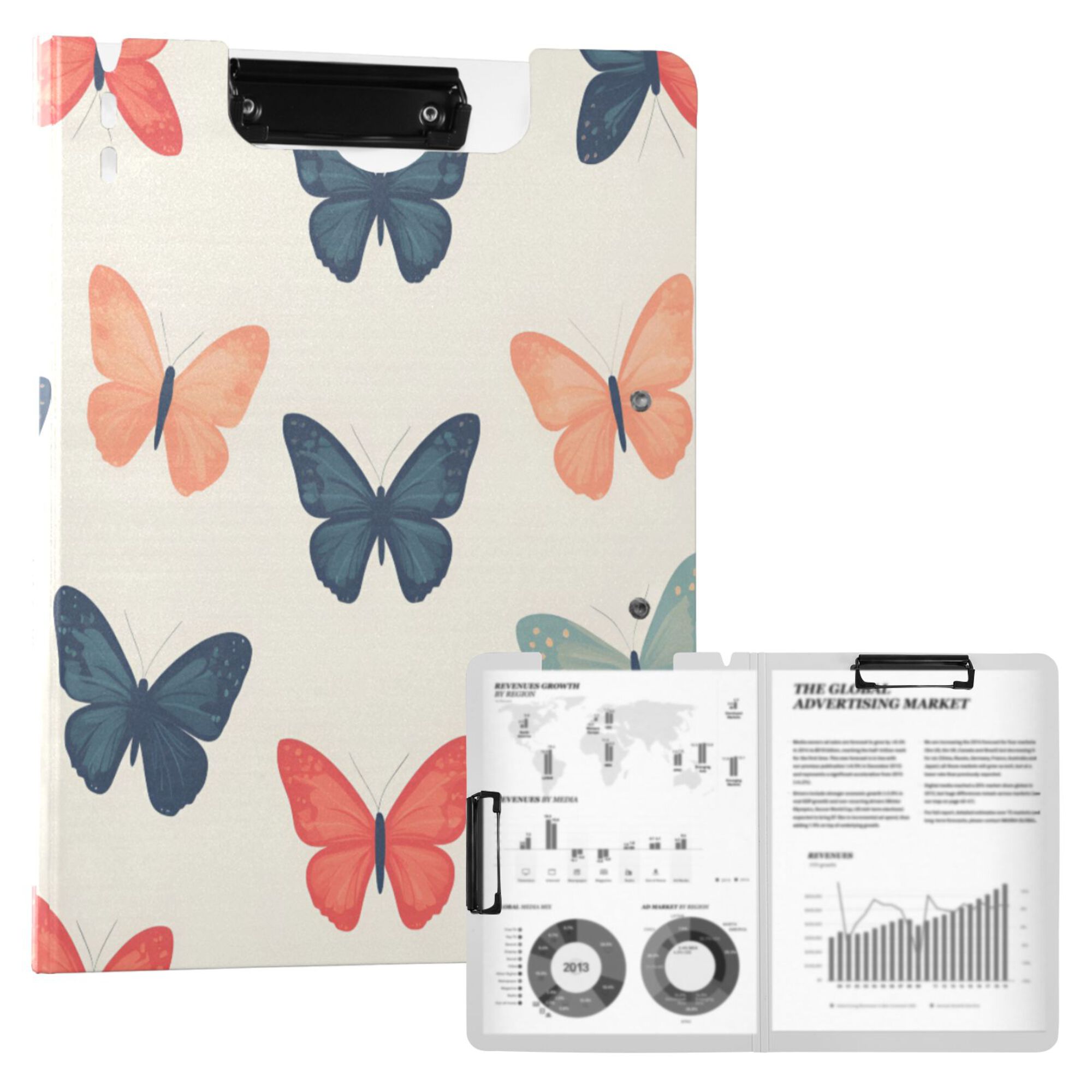 FORMRS A4 Clipboard Folder with Pen Holder Horizontal Foldable School Office Binder, Orange Butterflies