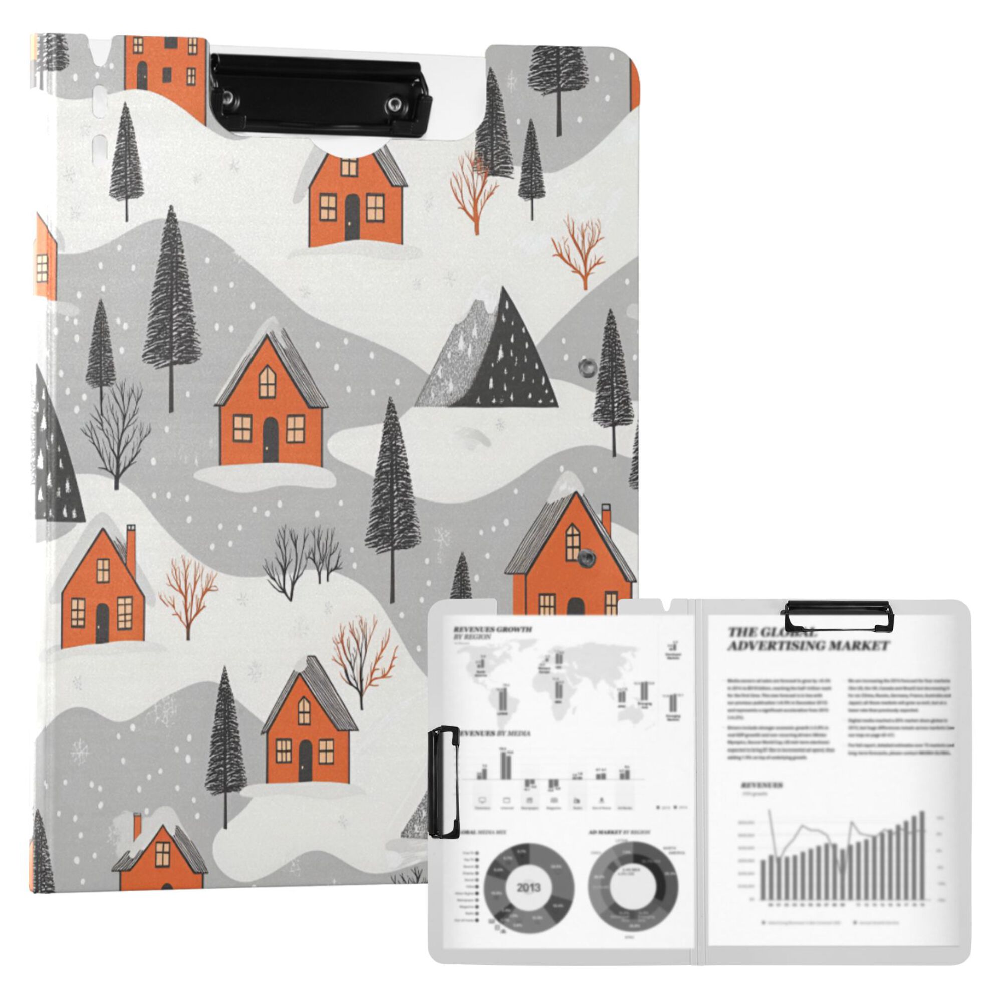 FORMRS A4 Clipboard Folder with Pen Holder Horizontal Foldable School Office Binder, Orange Cartoon Houses