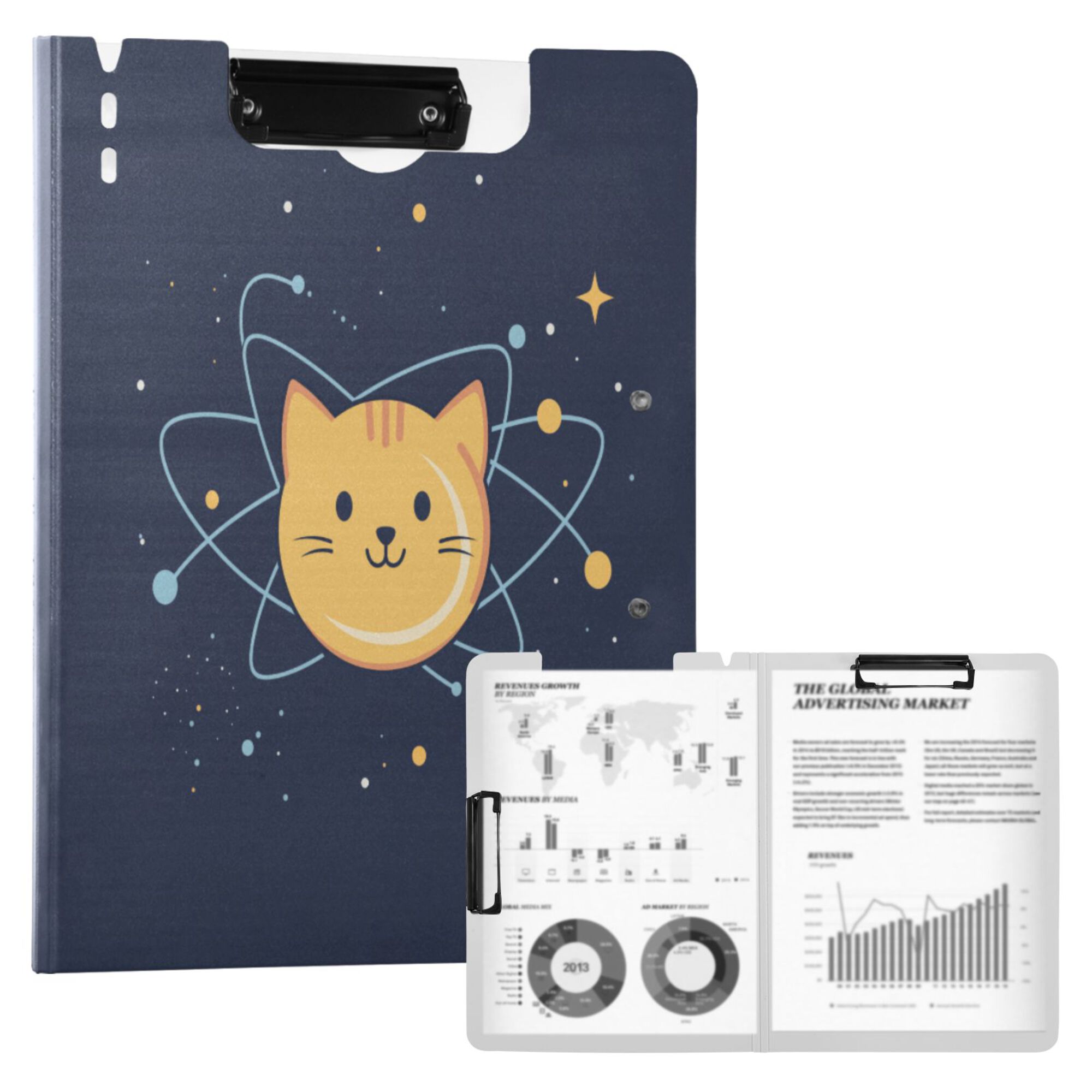 FORMRS A4 Clipboard Folder with Pen Holder Horizontal Foldable School Office Binder, Orange Cat Planet