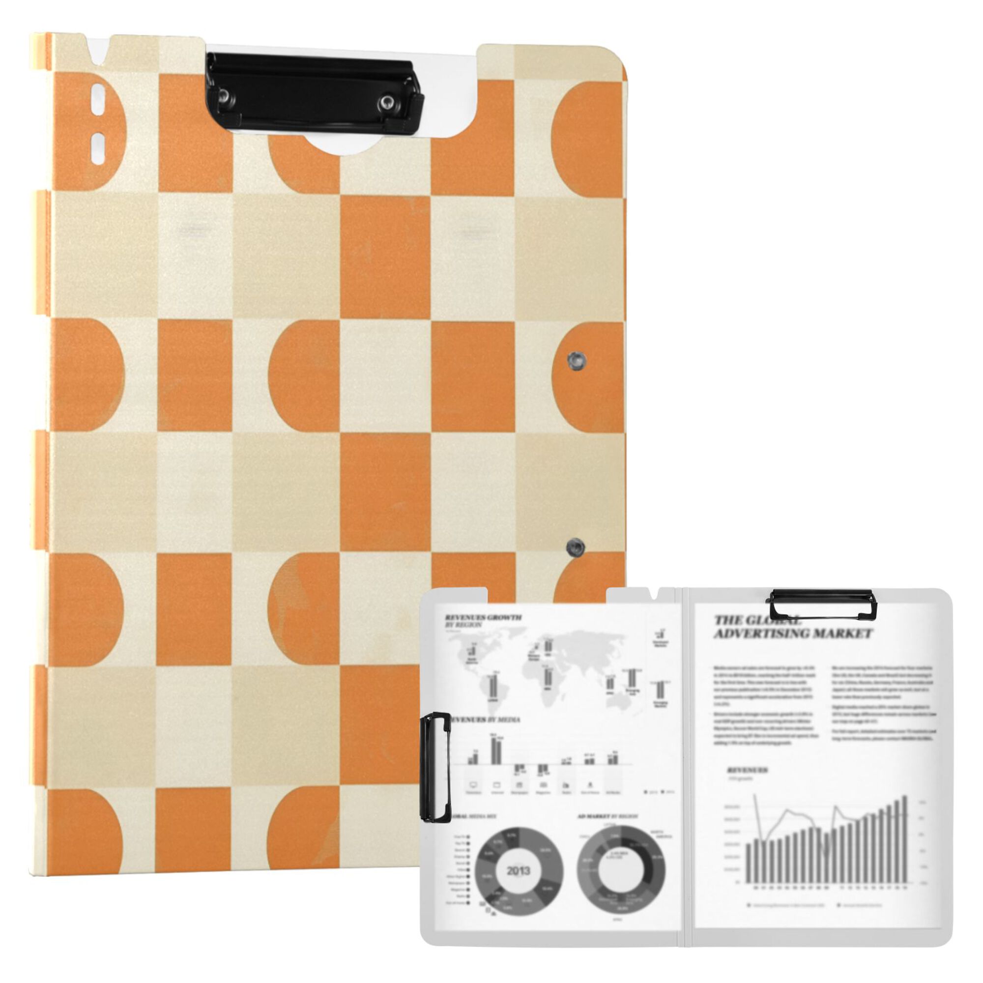 FORMRS A4 Clipboard Folder with Pen Holder Horizontal Foldable School Office Binder, Orange Checkered Pattern