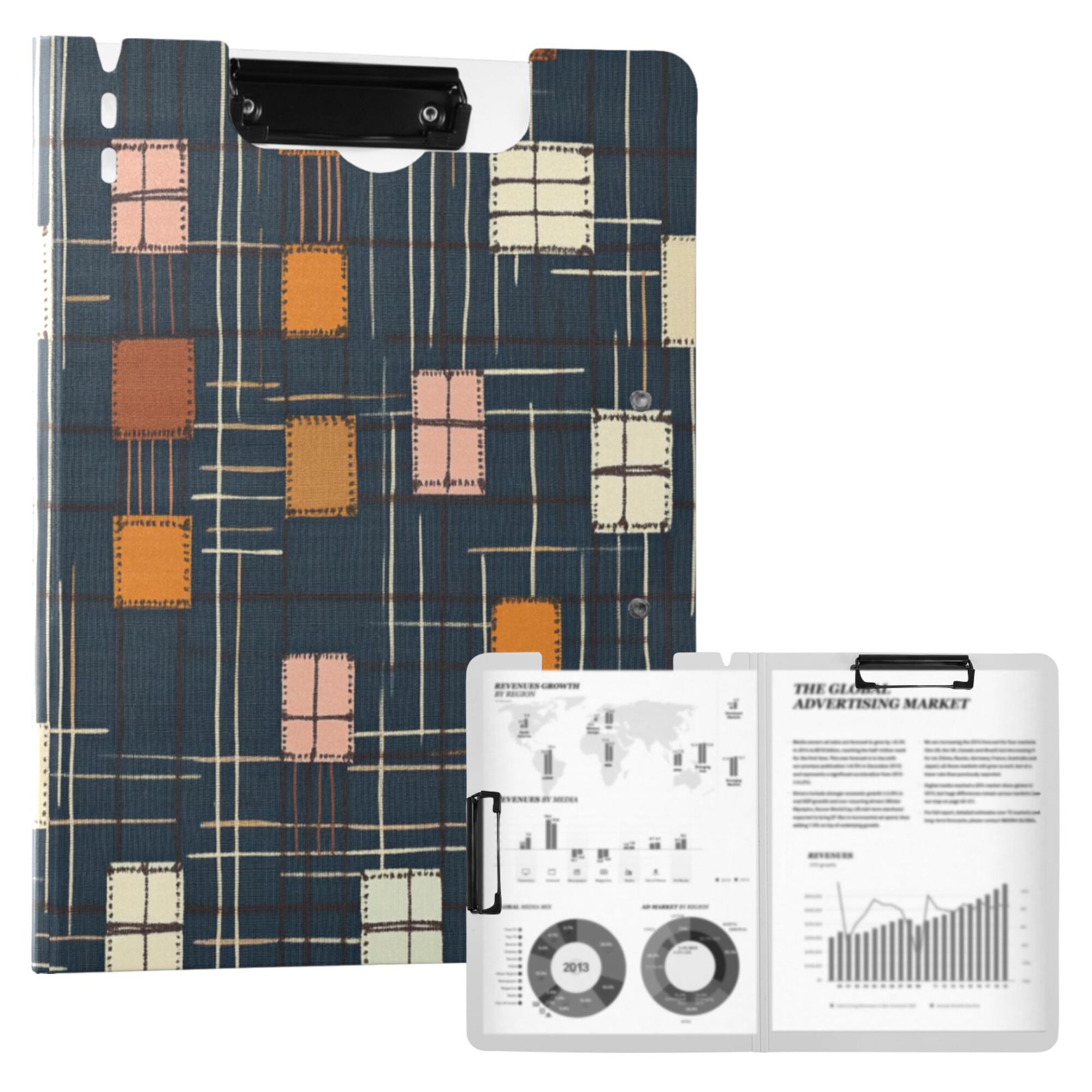 FORMRS A4 Clipboard Folder with Pen Holder Horizontal Foldable School Office Binder, Orange Checkered Pattern