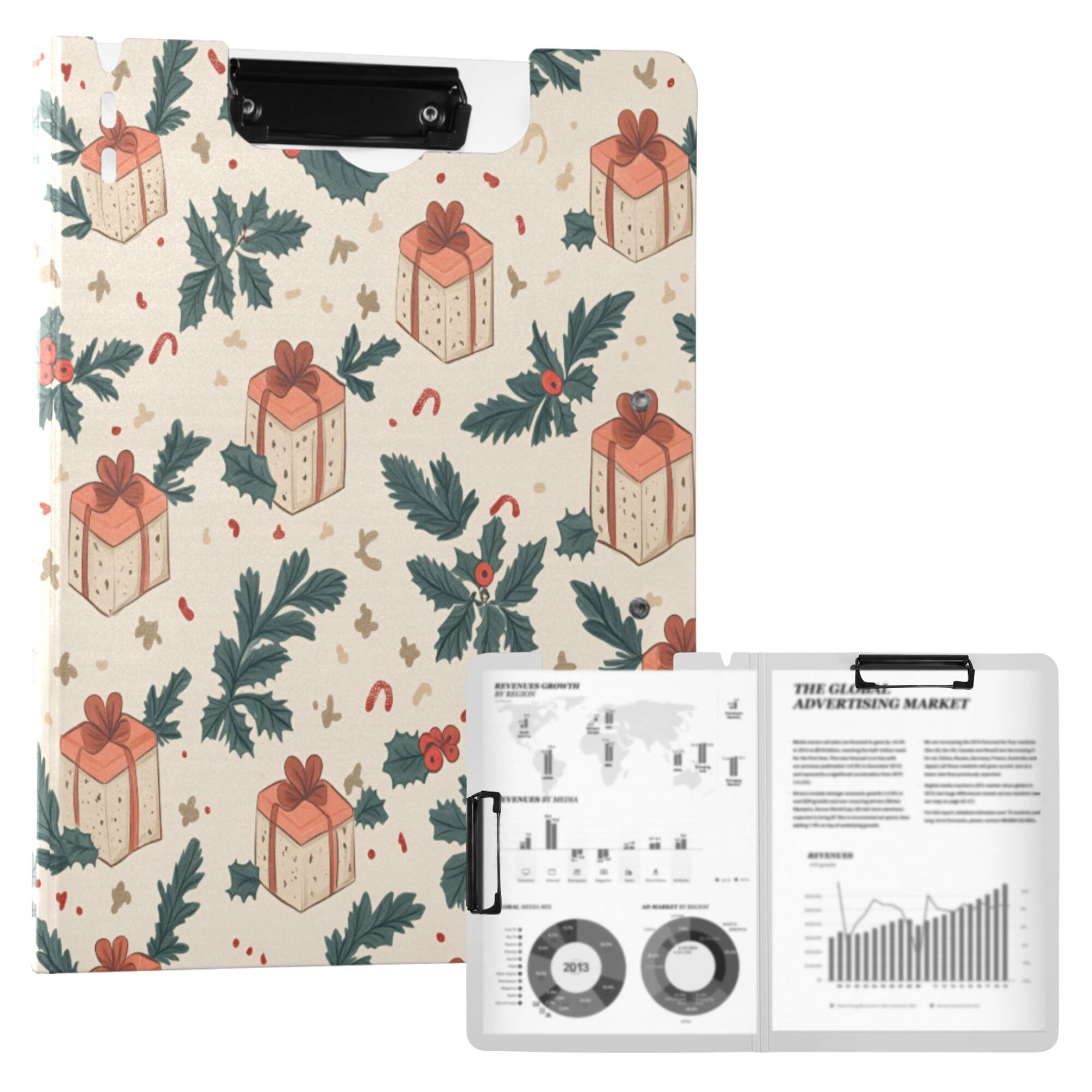 FORMRS A4 Clipboard Folder with Pen Holder Horizontal Foldable School Office Binder, Orange Christmas Gift Pattern