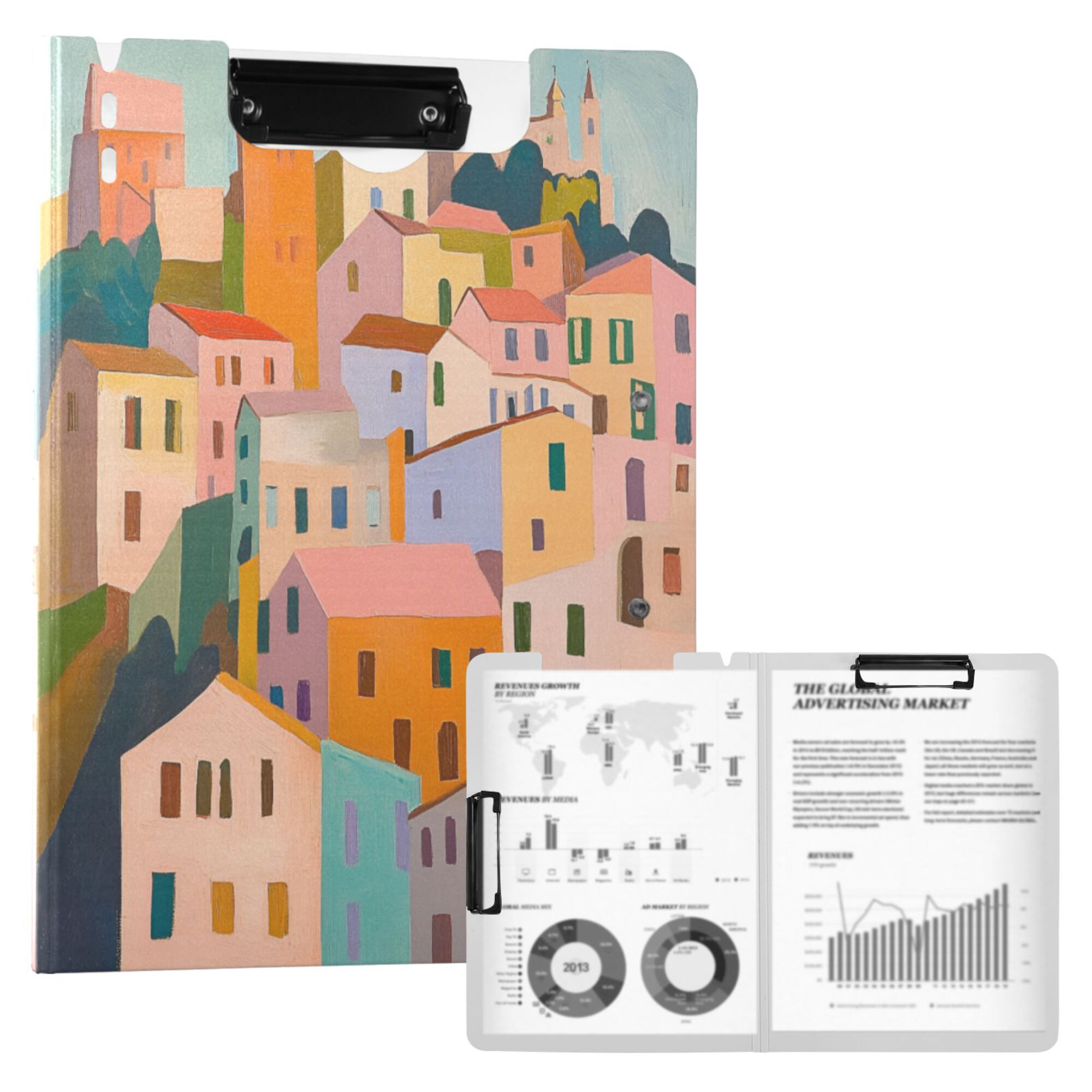 FORMRS A4 Clipboard Folder with Pen Holder Horizontal Foldable School Office Binder, Orange Cityscape Painting