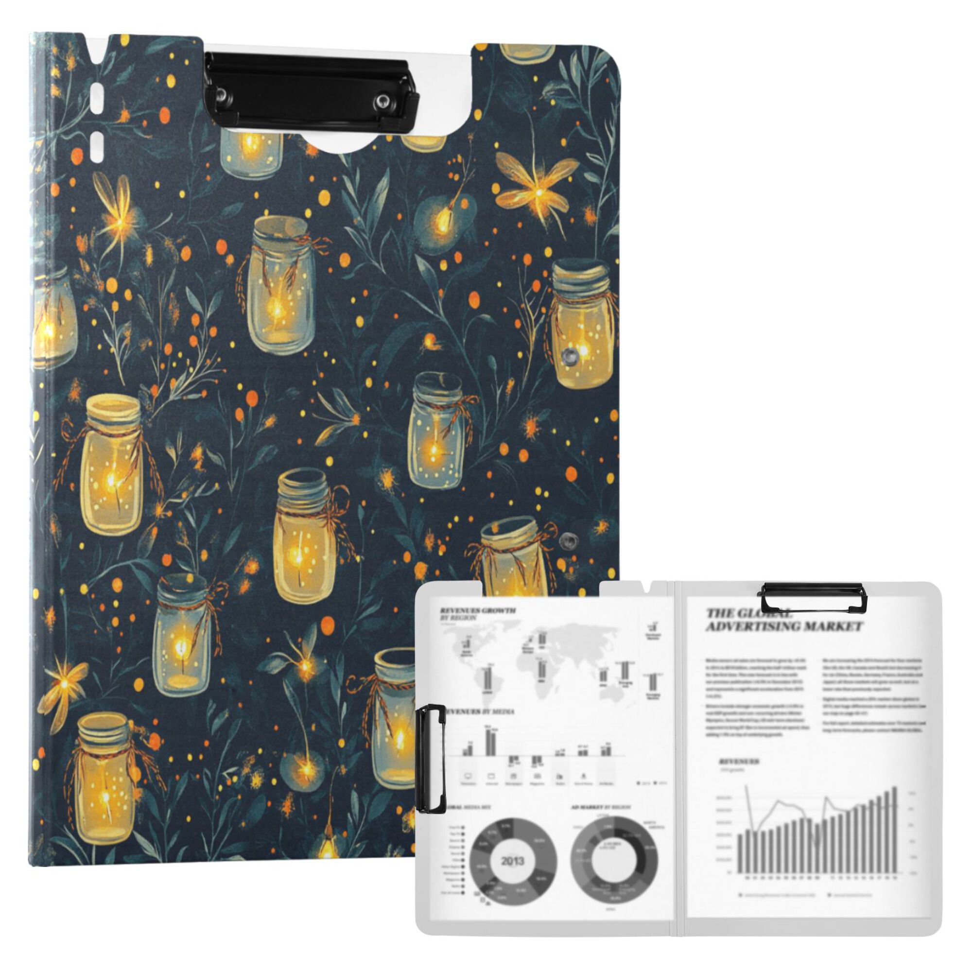 FORMRS A4 Clipboard Folder with Pen Holder Horizontal Foldable School Office Binder, Orange Fireflies Pattern