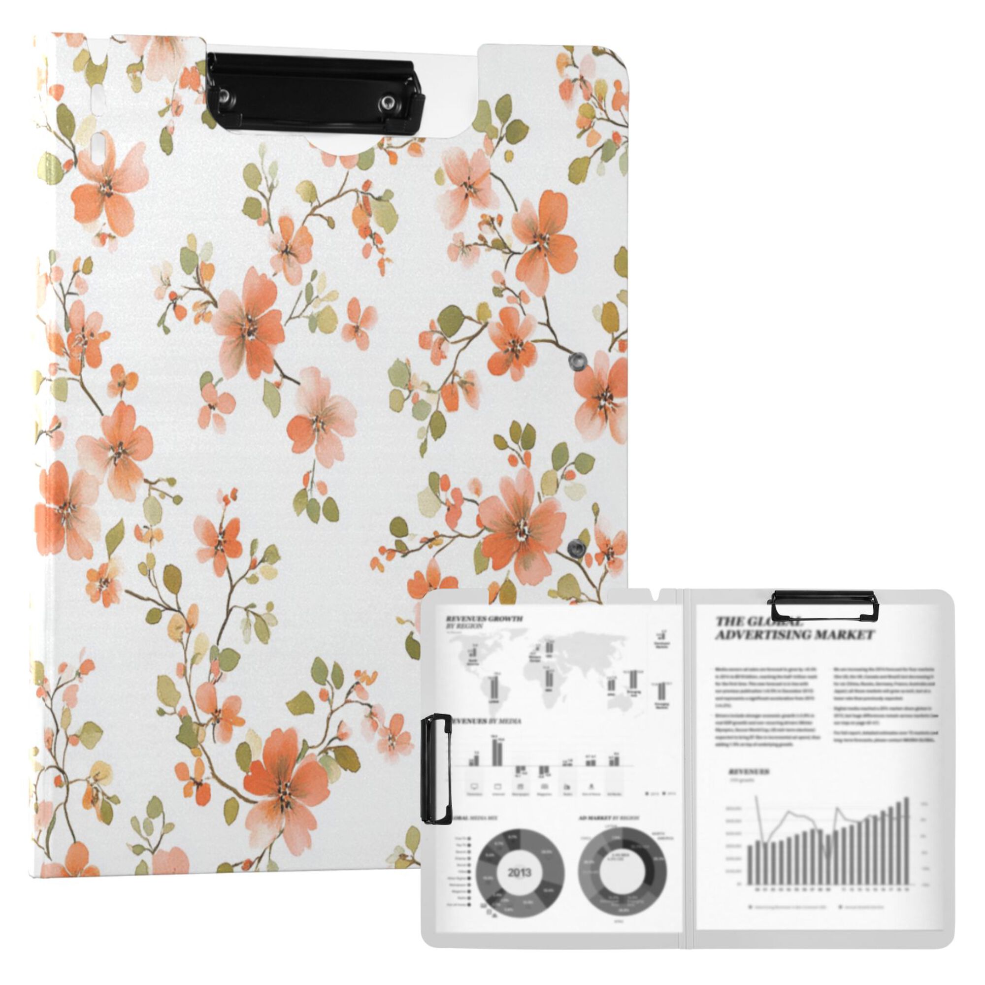 FORMRS A4 Clipboard Folder with Pen Holder Horizontal Foldable School Office Binder, Orange Floral Blooms