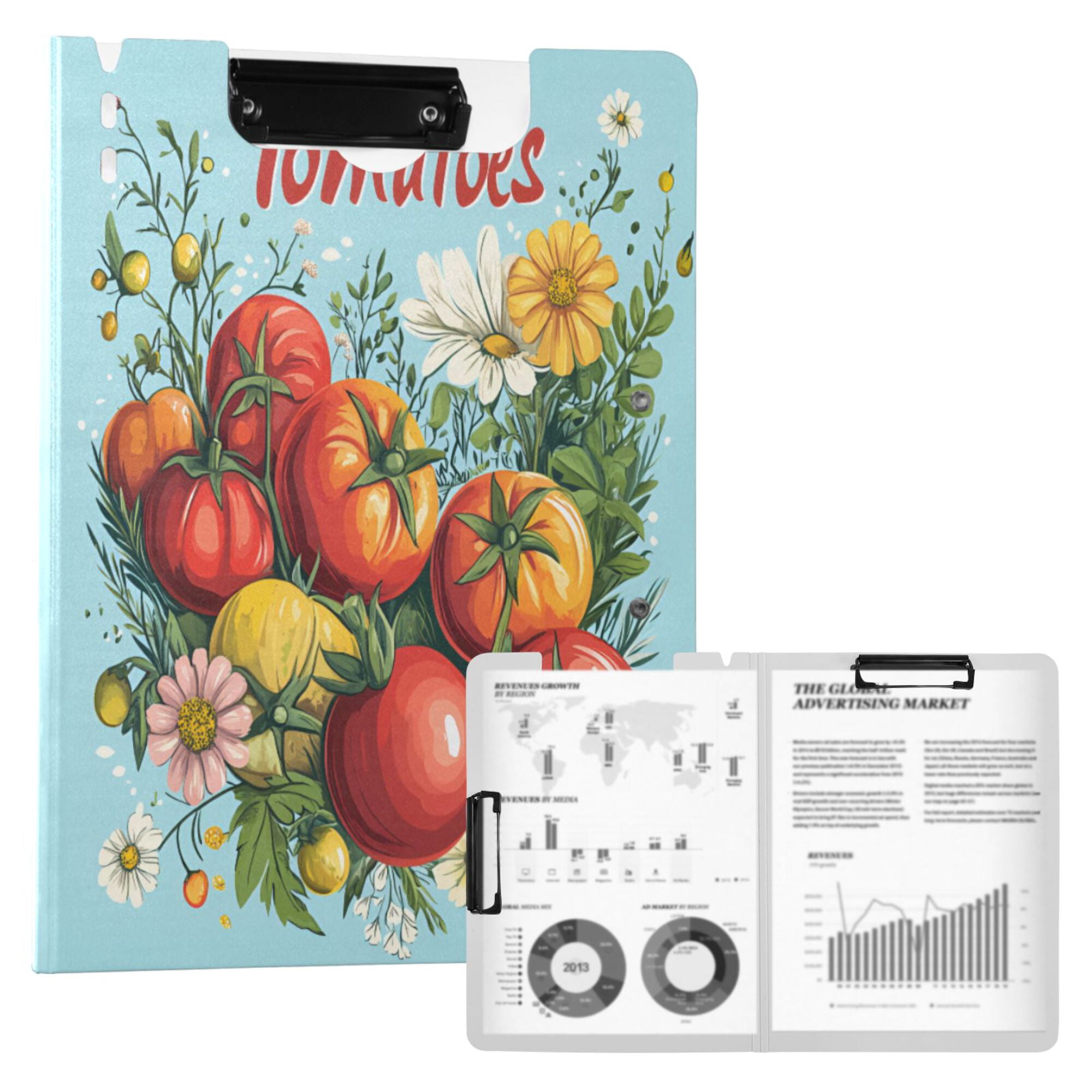 FORMRS A4 Clipboard Folder with Pen Holder Horizontal Foldable School Office Binder, Orange Floral Tomatoes