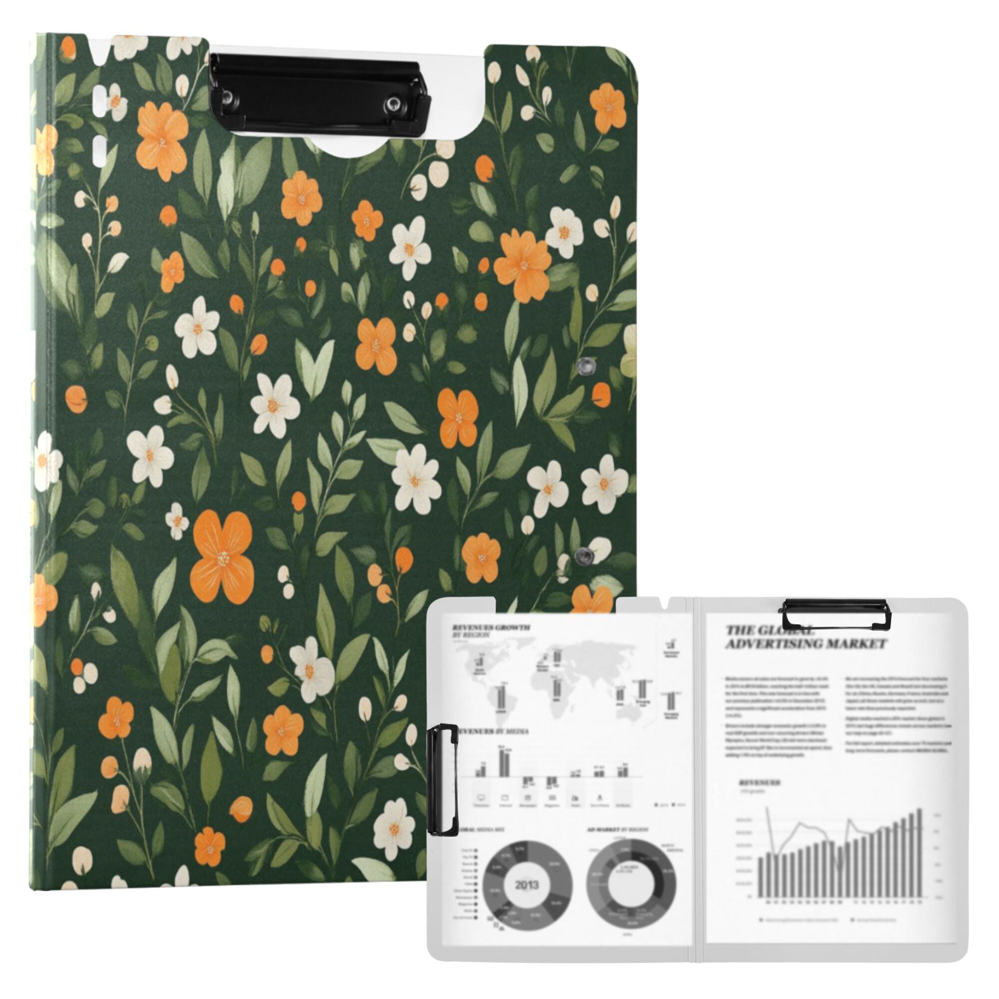 FORMRS A4 Clipboard Folder with Pen Holder Horizontal Foldable School Office Binder, Orange Flowers