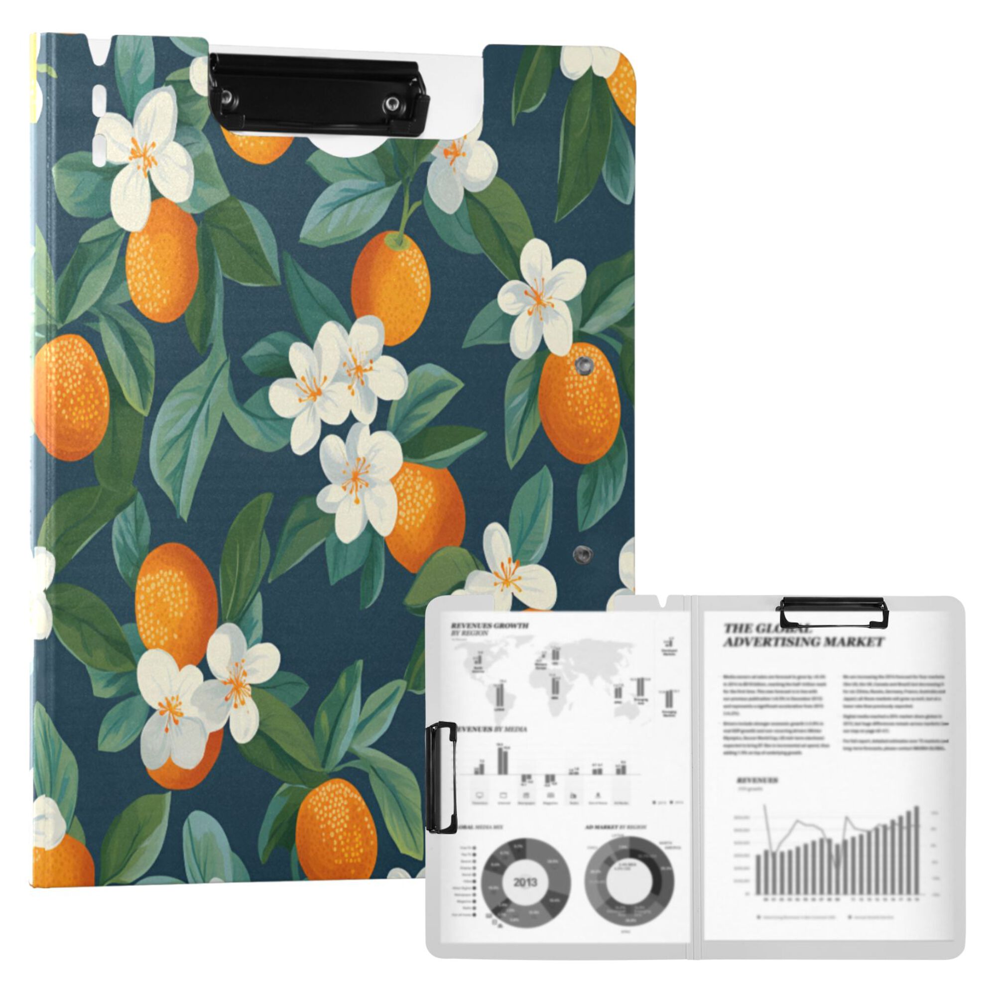 FORMRS A4 Clipboard Folder with Pen Holder Horizontal Foldable School Office Binder, Orange Fruit