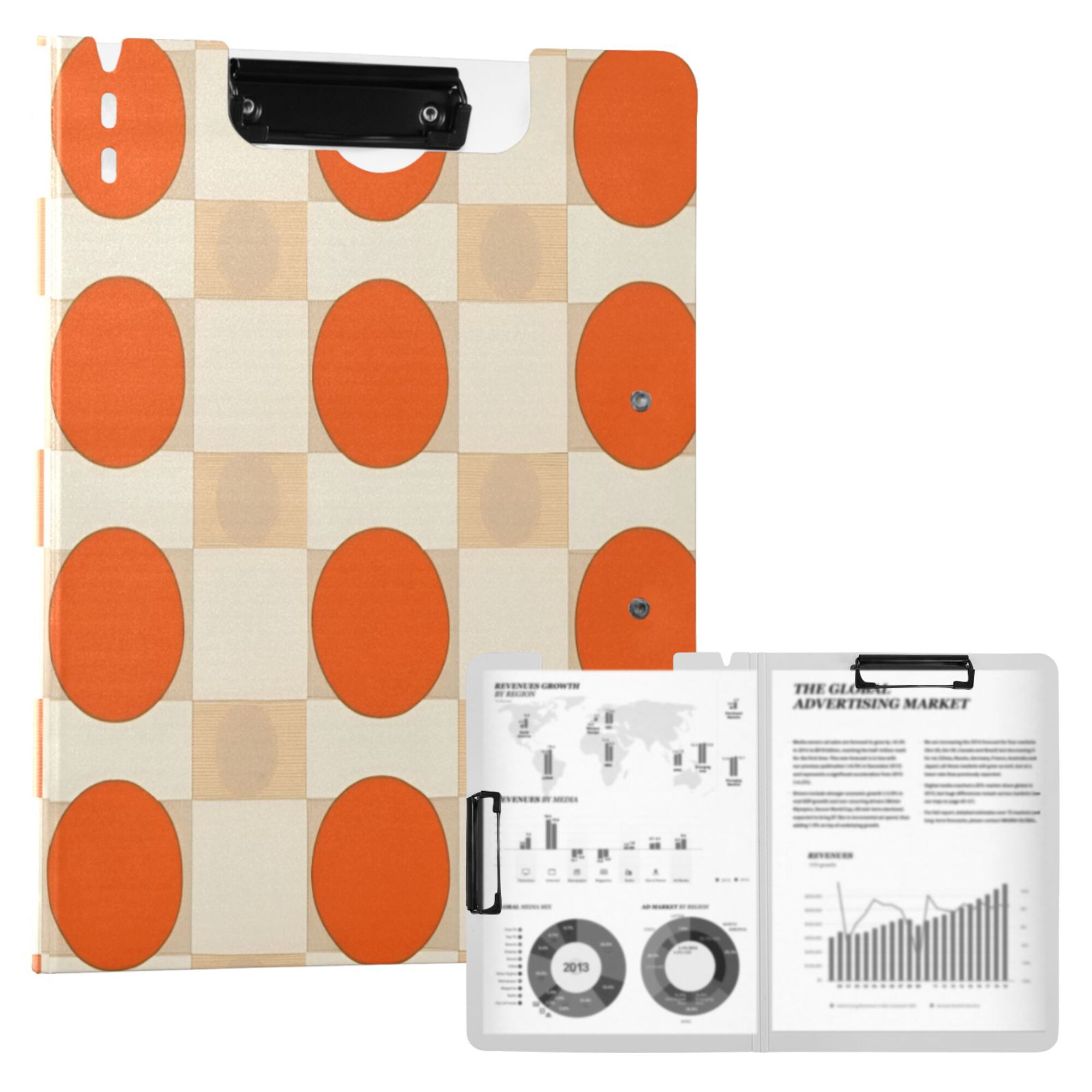 FORMRS A4 Clipboard Folder with Pen Holder Horizontal Foldable School Office Binder, Orange Geometric Circles