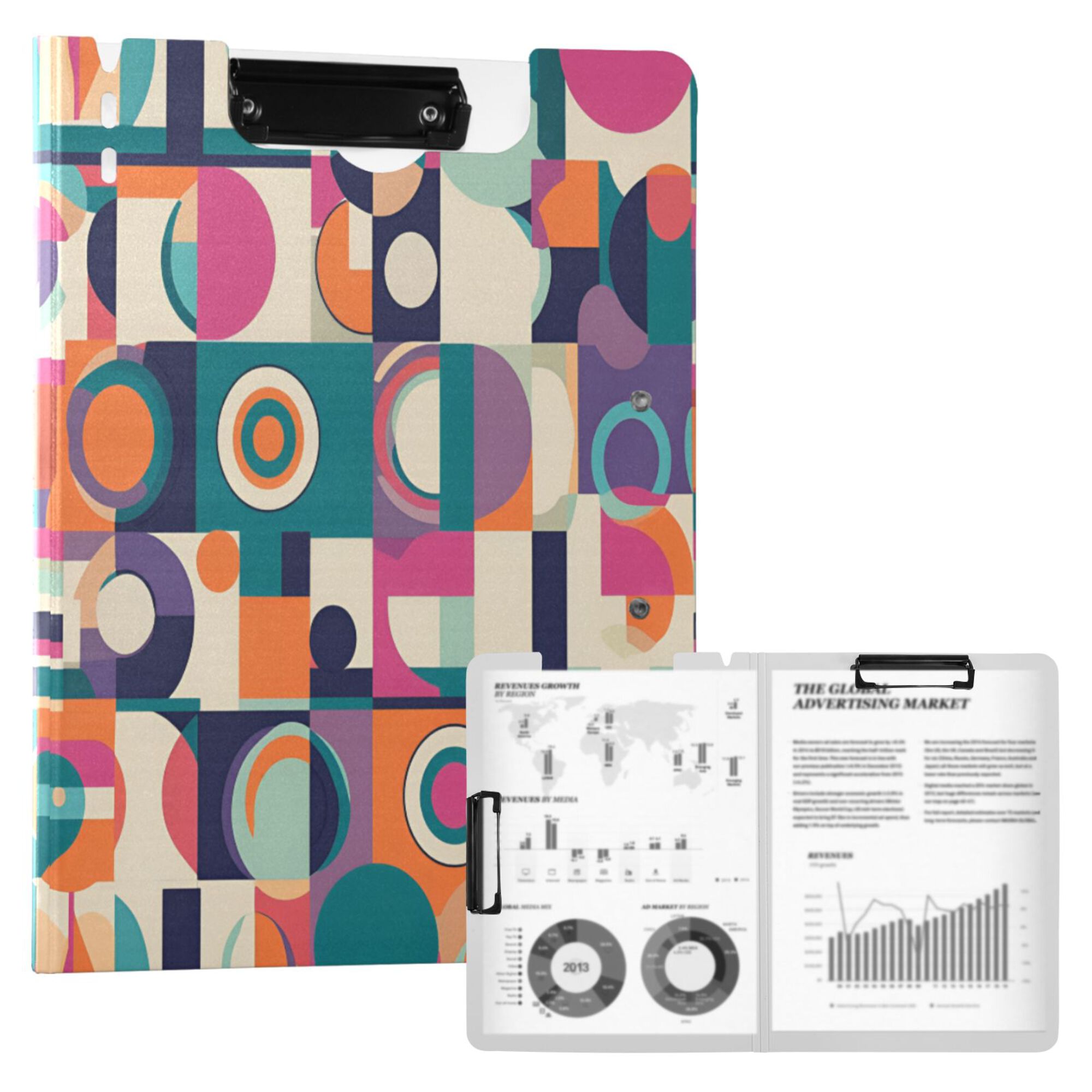 FORMRS A4 Clipboard Folder with Pen Holder Horizontal Foldable School Office Binder, Orange Geometric