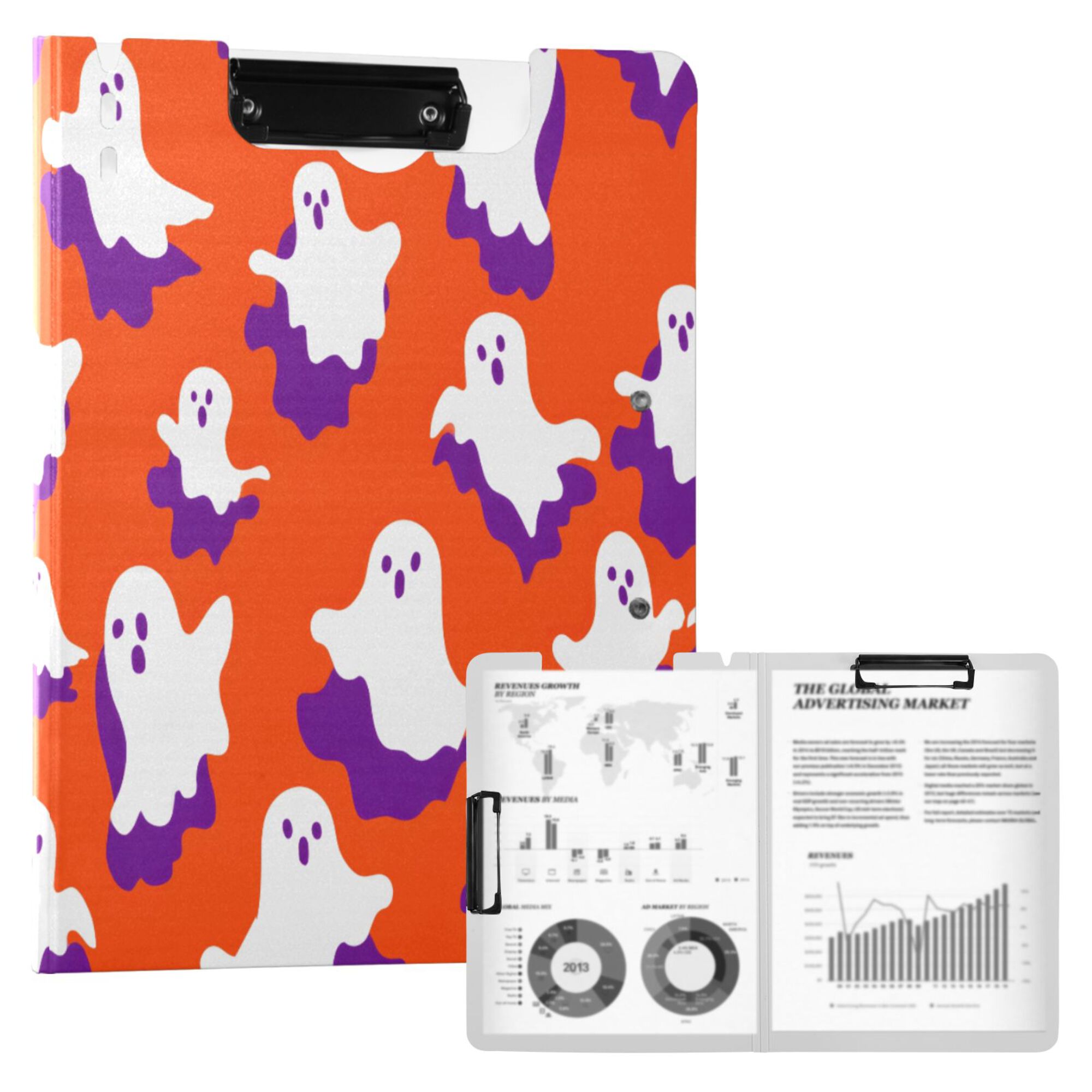 FORMRS A4 Clipboard Folder with Pen Holder Horizontal Foldable School Office Binder, Orange Ghost Pattern
