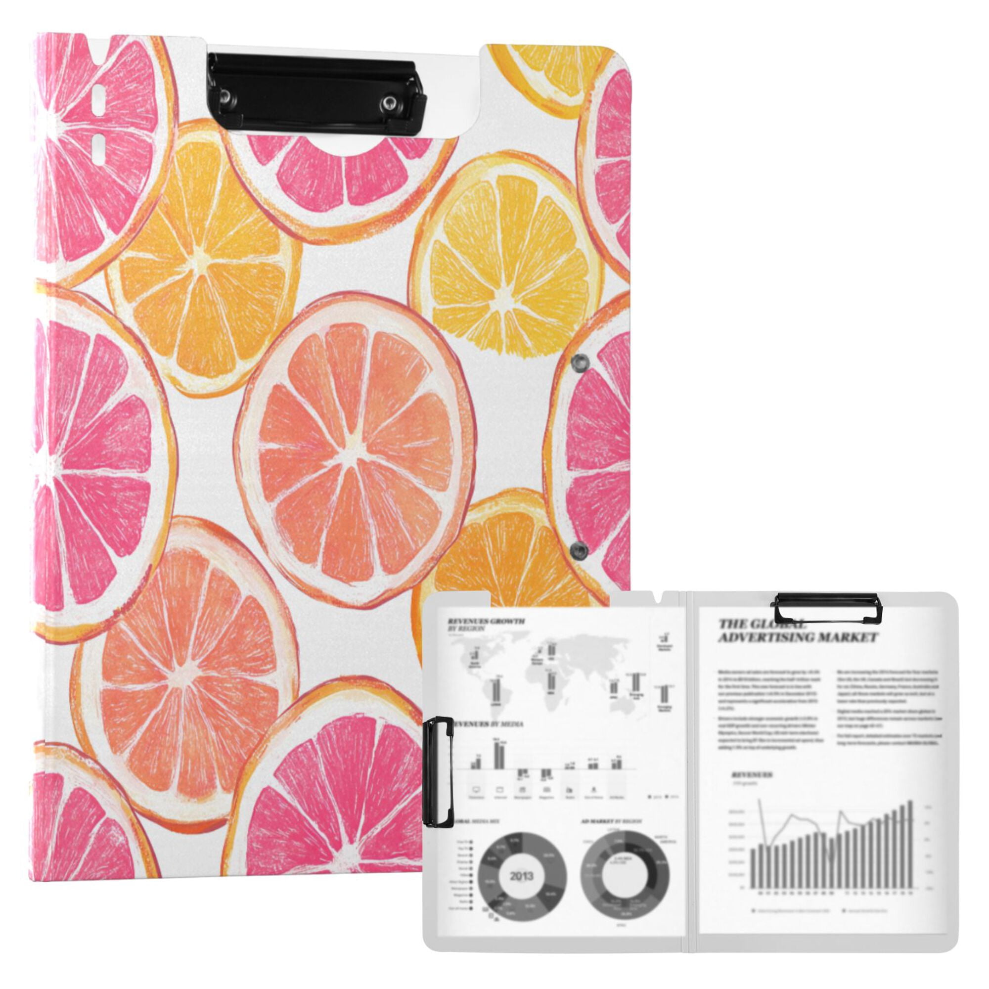 FORMRS A4 Clipboard Folder with Pen Holder Horizontal Foldable School Office Binder, Orange Grapefruit Slices