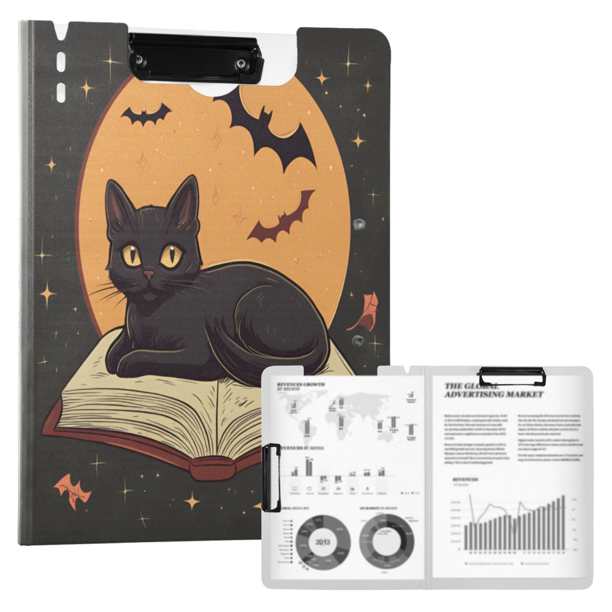 FORMRS A4 Clipboard Folder with Pen Holder Horizontal Foldable School Office Binder, Orange Halloween Cat