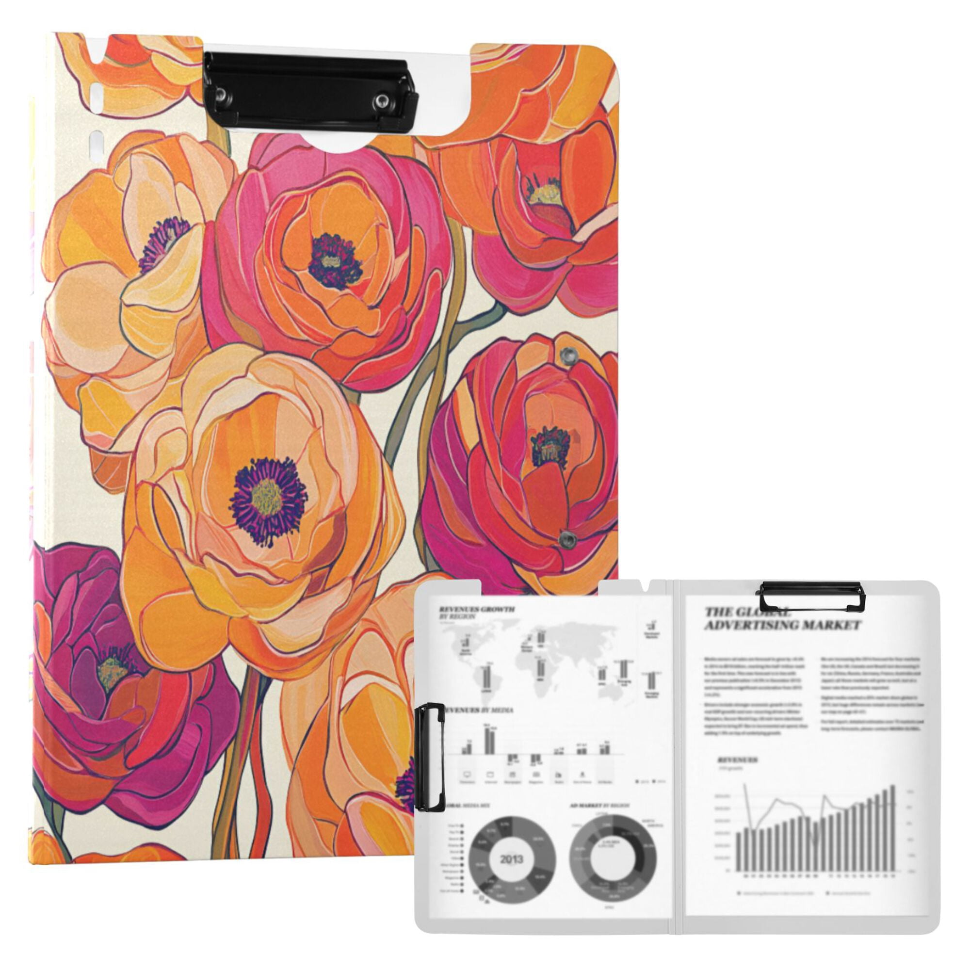 FORMRS A4 Clipboard Folder with Pen Holder Horizontal Foldable School Office Binder, Orange Hand Drawn Floral