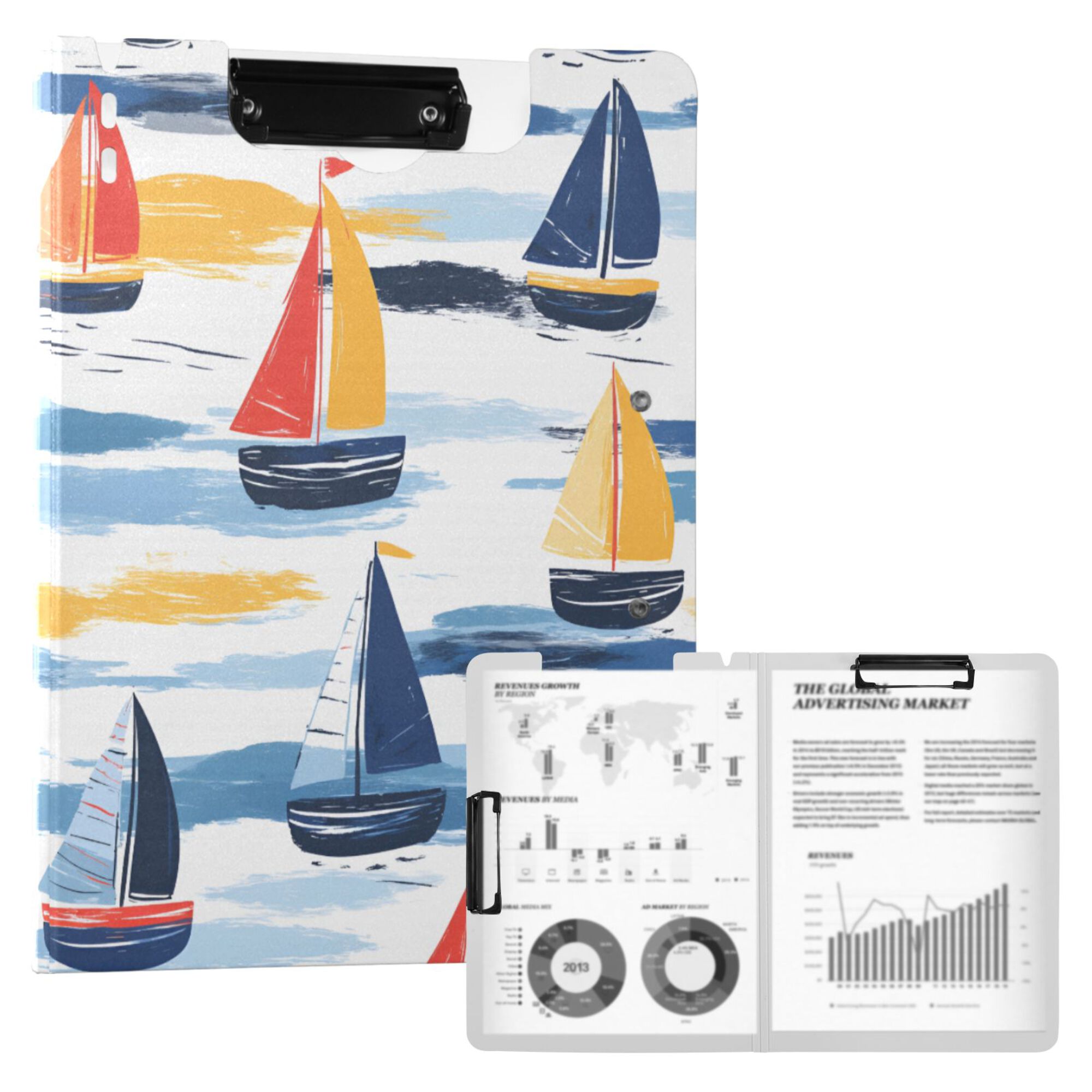 FORMRS A4 Clipboard Folder with Pen Holder Horizontal Foldable School Office Binder, Orange Hand Drawn Sailboats