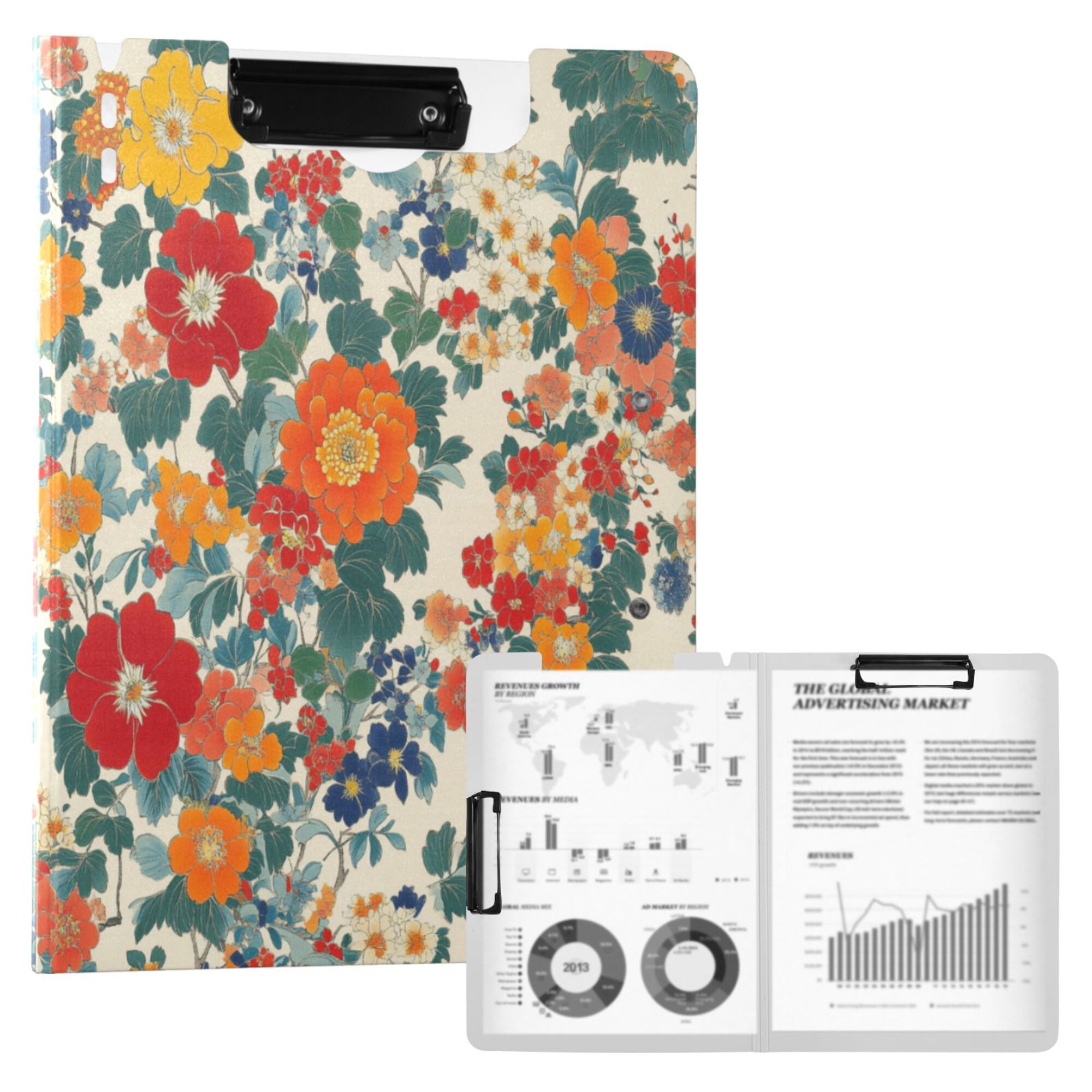 FORMRS A4 Clipboard Folder with Pen Holder Horizontal Foldable School Office Binder, Orange Japanese Flowers Pattern