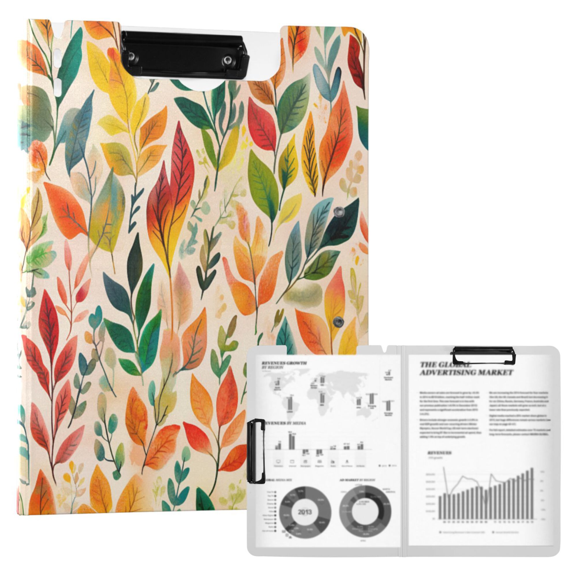 FORMRS A4 Clipboard Folder with Pen Holder Horizontal Foldable School Office Binder, Orange Leaves