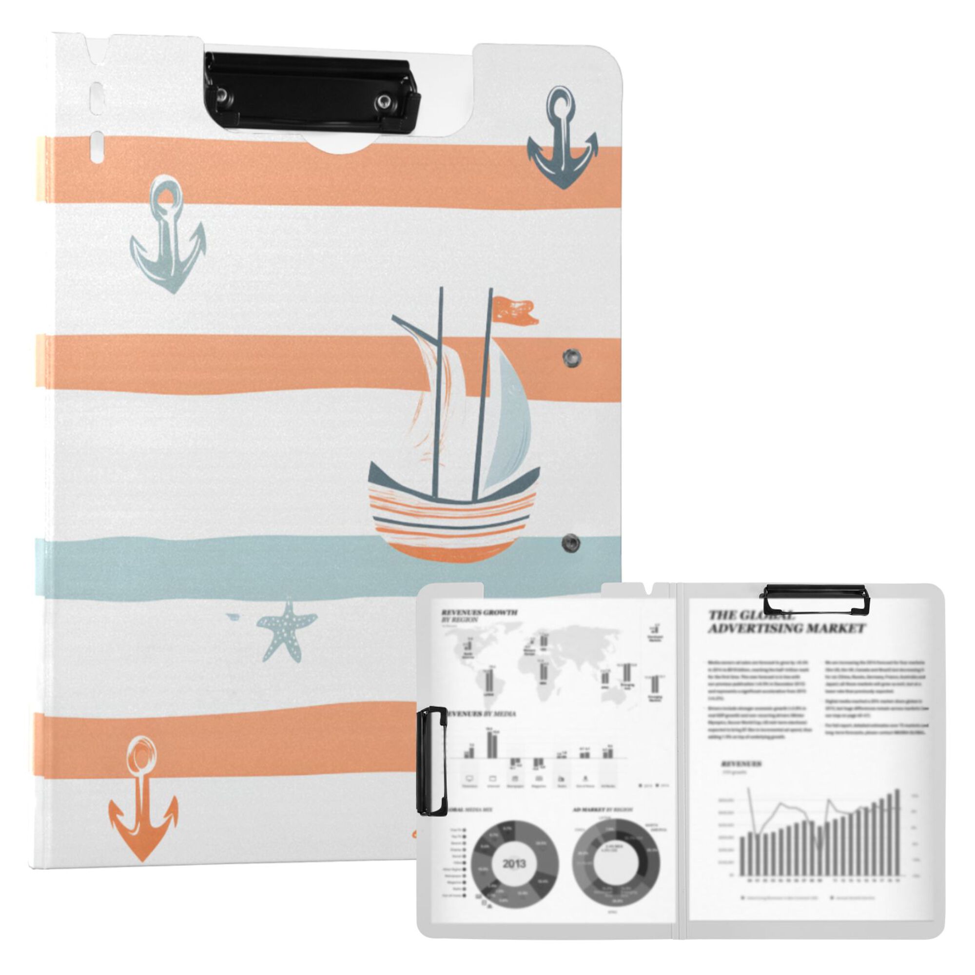 FORMRS A4 Clipboard Folder with Pen Holder Horizontal Foldable School Office Binder, Orange Nautical Pattern
