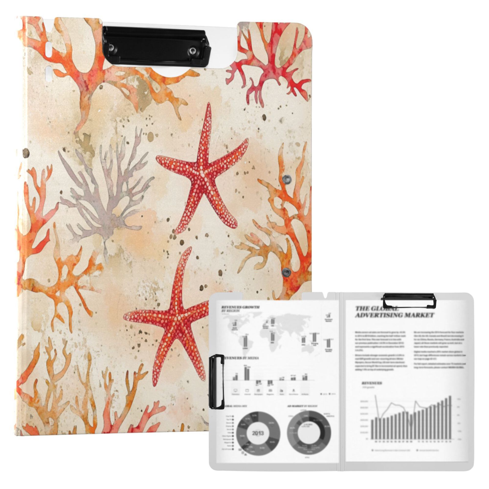 FORMRS A4 Clipboard Folder with Pen Holder Horizontal Foldable School Office Binder, Orange Starfish