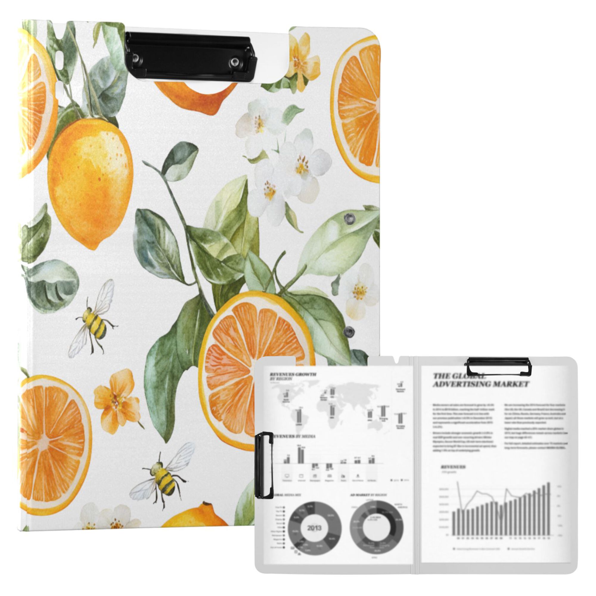 FORMRS A4 Clipboard Folder with Pen Holder Horizontal Foldable School Office Binder, Orange Watercolor Bees