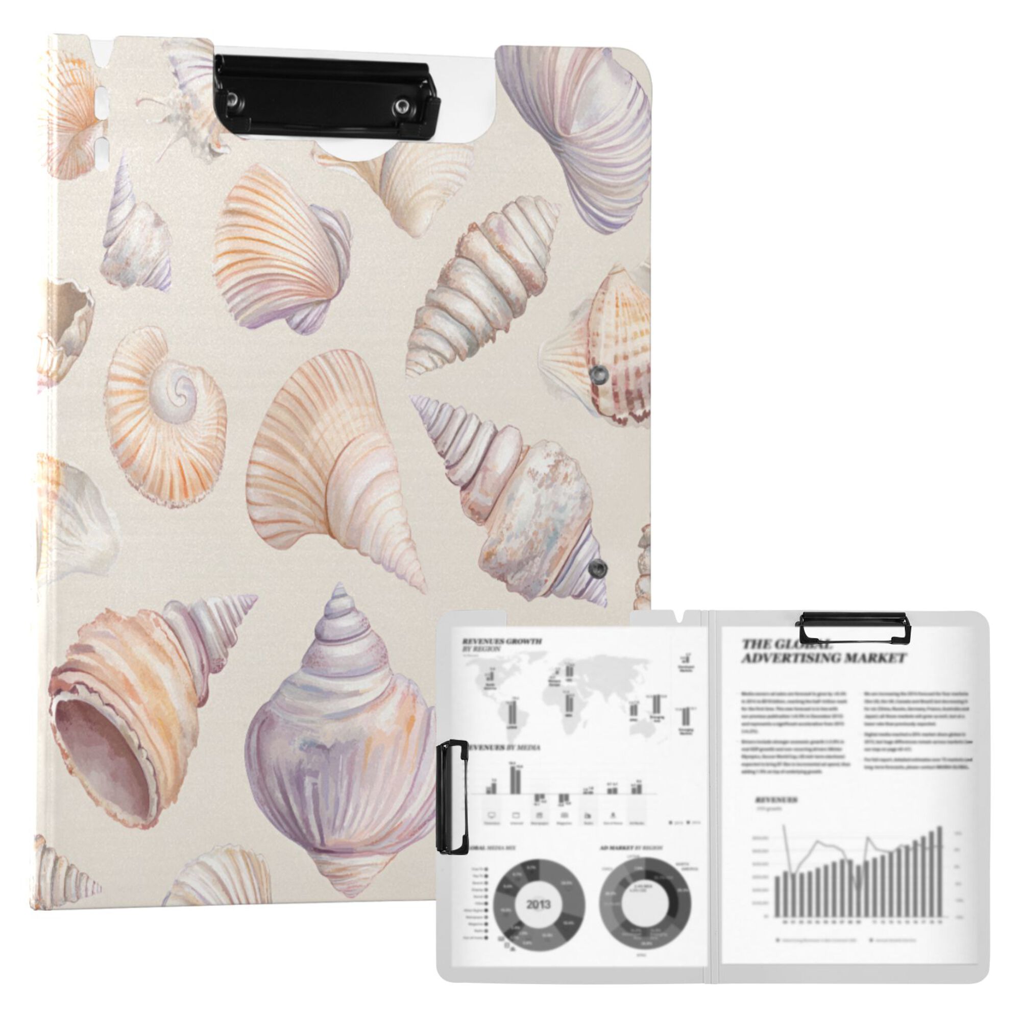 FORMRS A4 Clipboard Folder with Pen Holder Horizontal Foldable School Office Binder, Orange Watercolor Seashells
