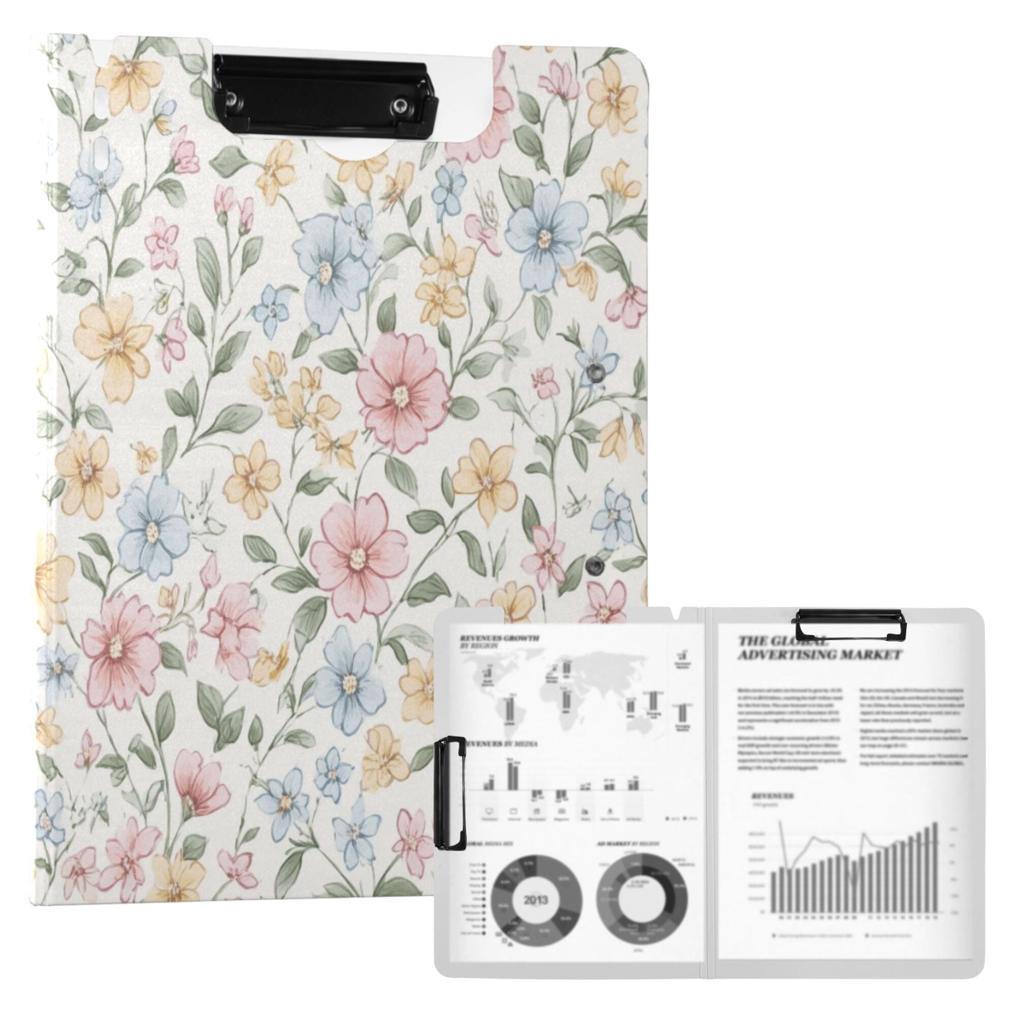 FORMRS A4 Clipboard Folder with Pen Holder Horizontal Foldable School Office Binder, Pastel Floral Pattern