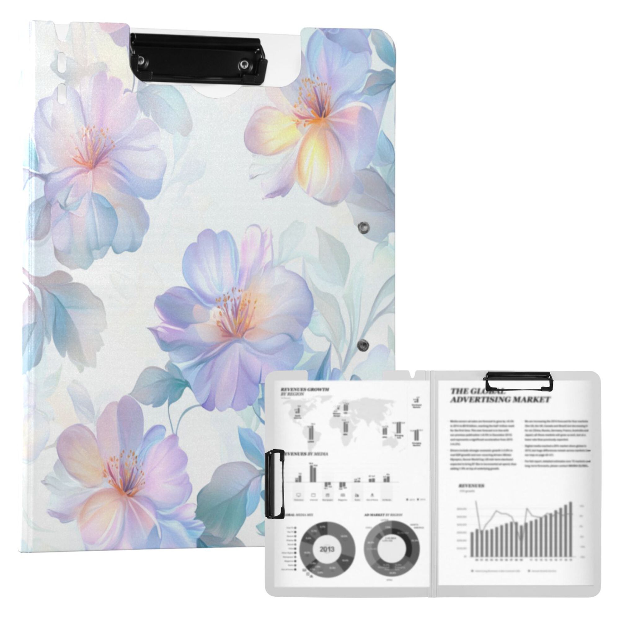 FORMRS A4 Clipboard Folder with Pen Holder Horizontal Foldable School Office Binder, Pastel Flower Pattern