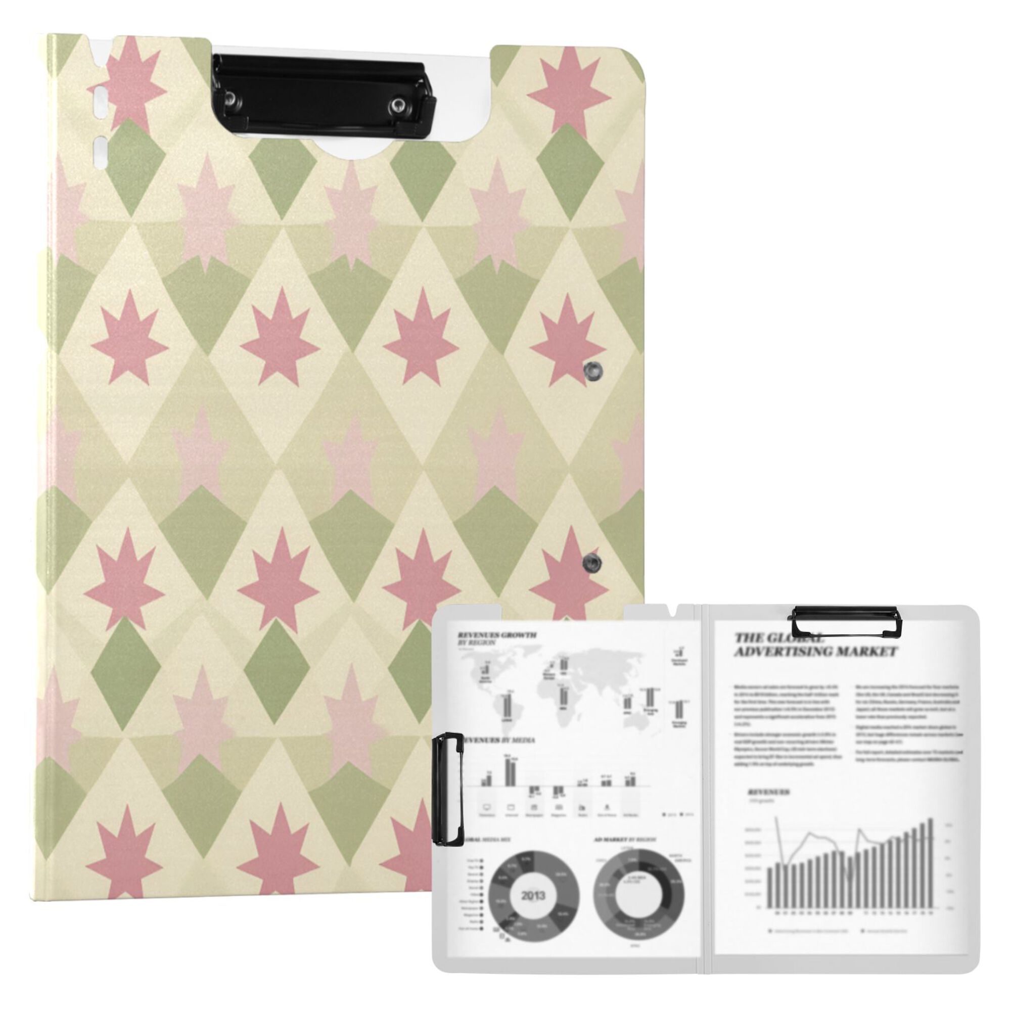 FORMRS A4 Clipboard Folder with Pen Holder Horizontal Foldable School Office Binder, Pastel Green Geometric