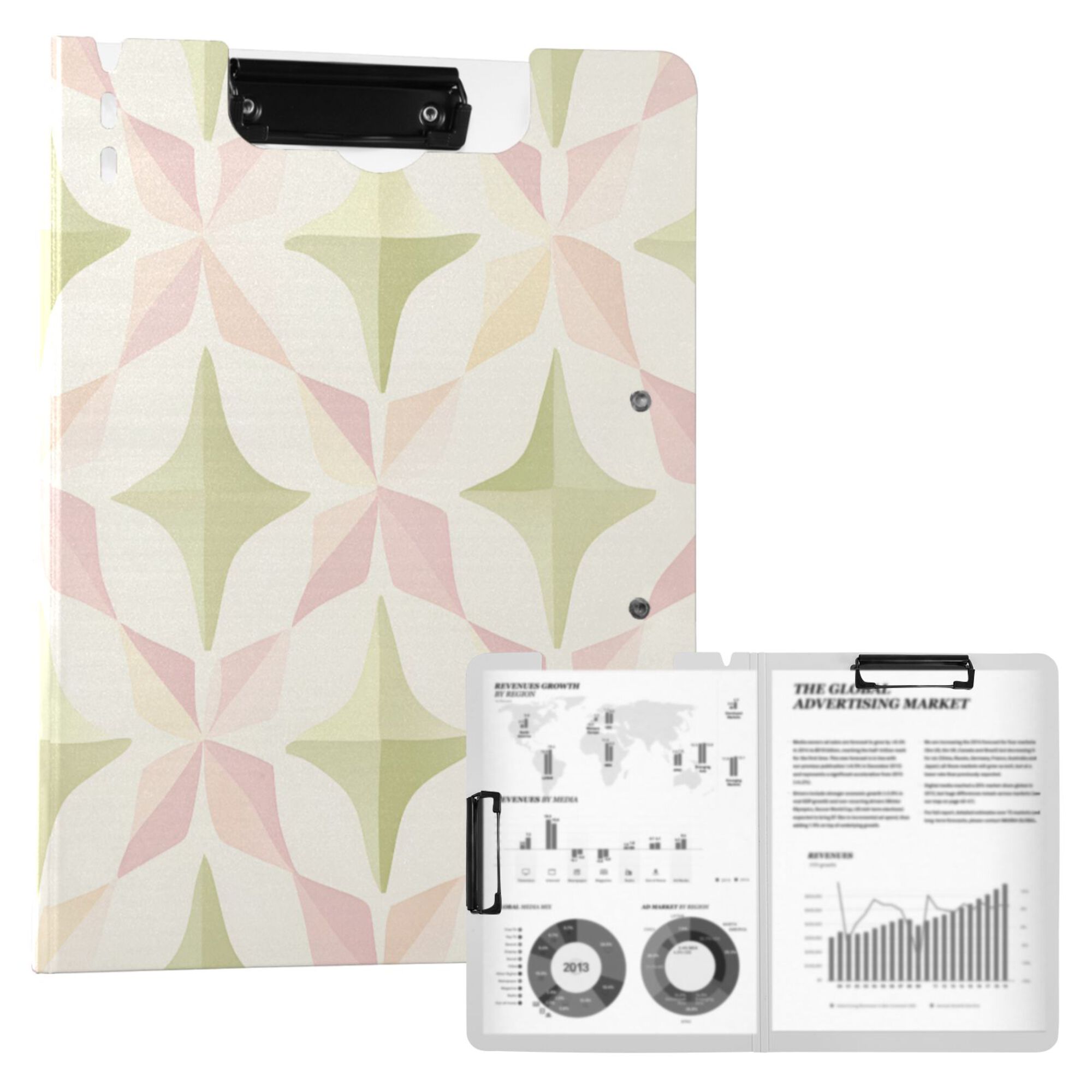 FORMRS A4 Clipboard Folder with Pen Holder Horizontal Foldable School Office Binder, Pastel Pink Geometric