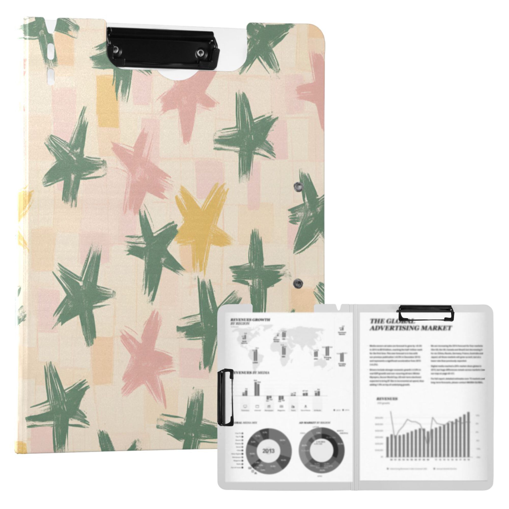 FORMRS A4 Clipboard Folder with Pen Holder Horizontal Foldable School Office Binder, Pastel Pink Stars