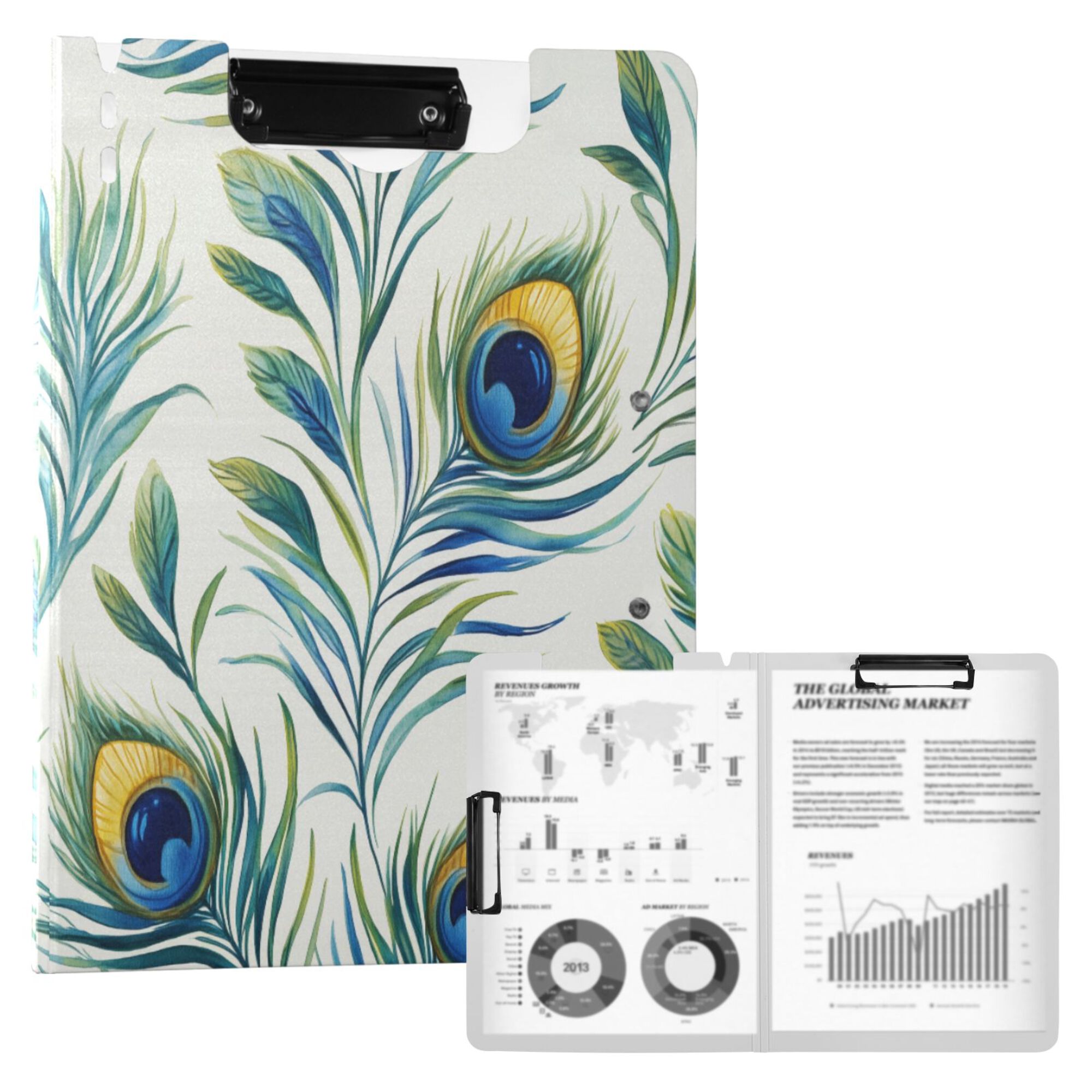 FORMRS A4 Clipboard Folder with Pen Holder Horizontal Foldable School Office Binder, Peacock Feather