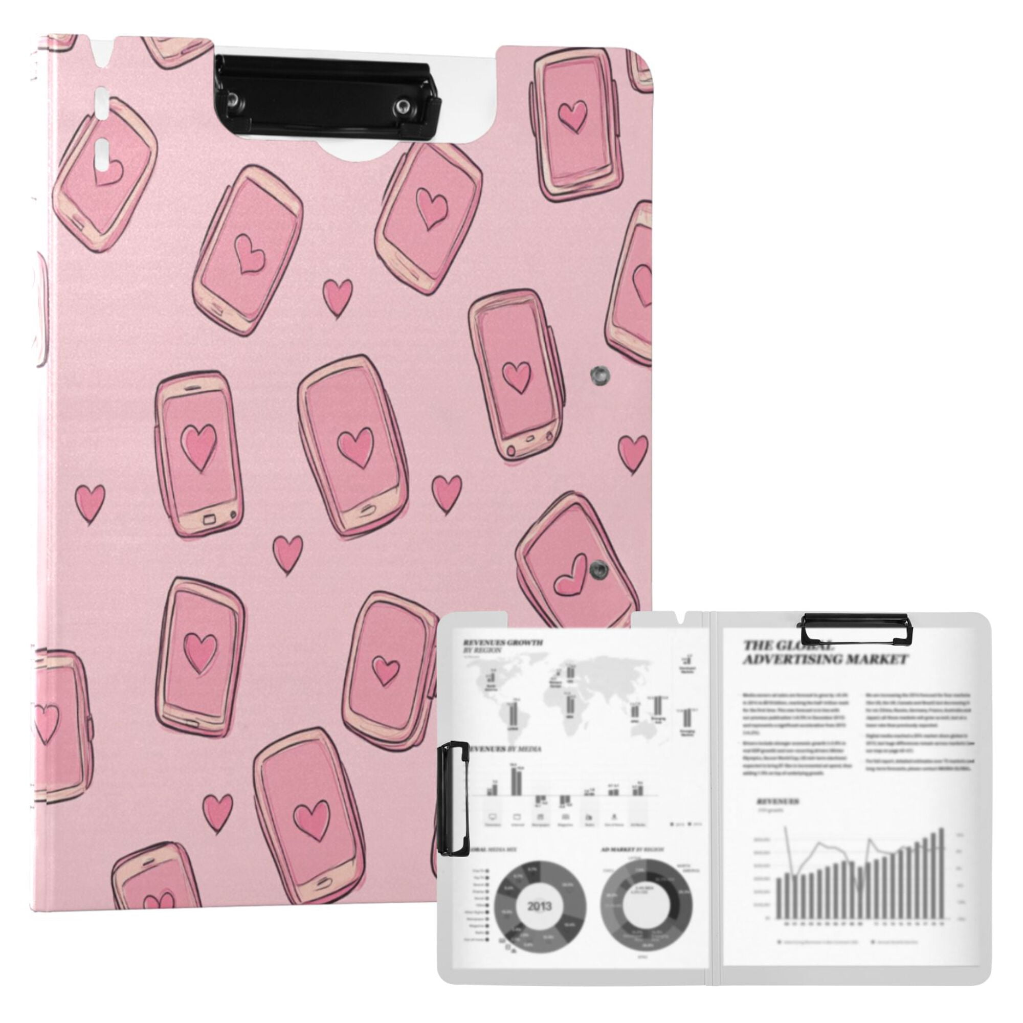 FORMRS A4 Clipboard Folder with Pen Holder Horizontal Foldable School Office Binder, Phones and Hearts
