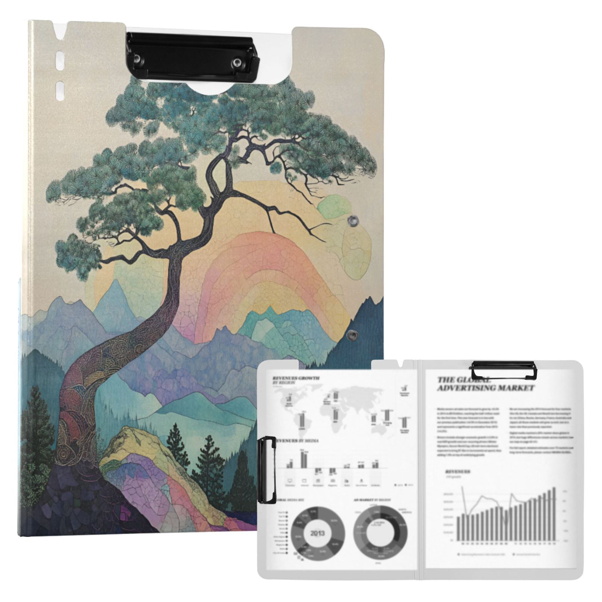FORMRS A4 Clipboard Folder with Pen Holder Horizontal Foldable School Office Binder, Pine Tree Rainbow