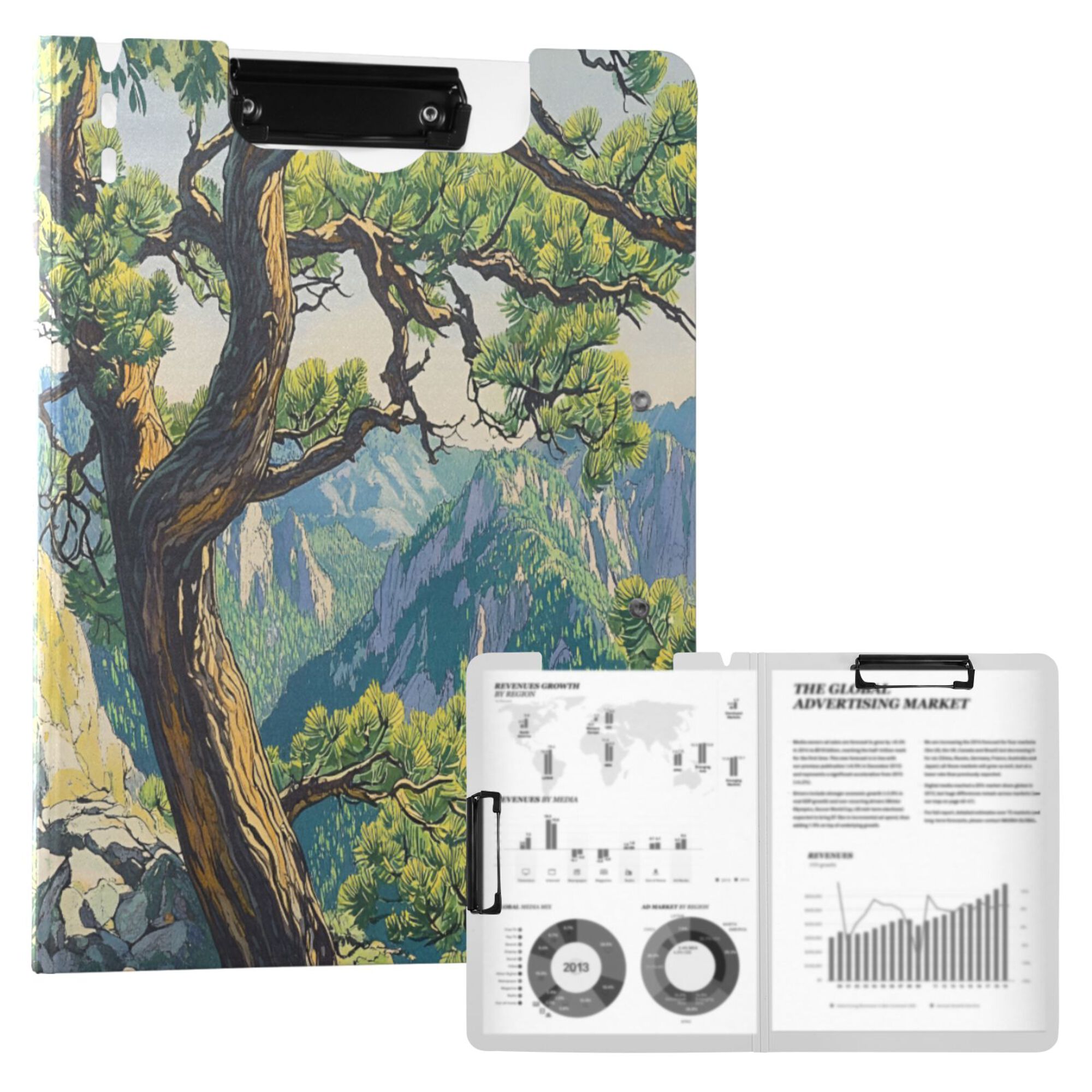 FORMRS A4 Clipboard Folder with Pen Holder Horizontal Foldable School Office Binder, Pine Tree