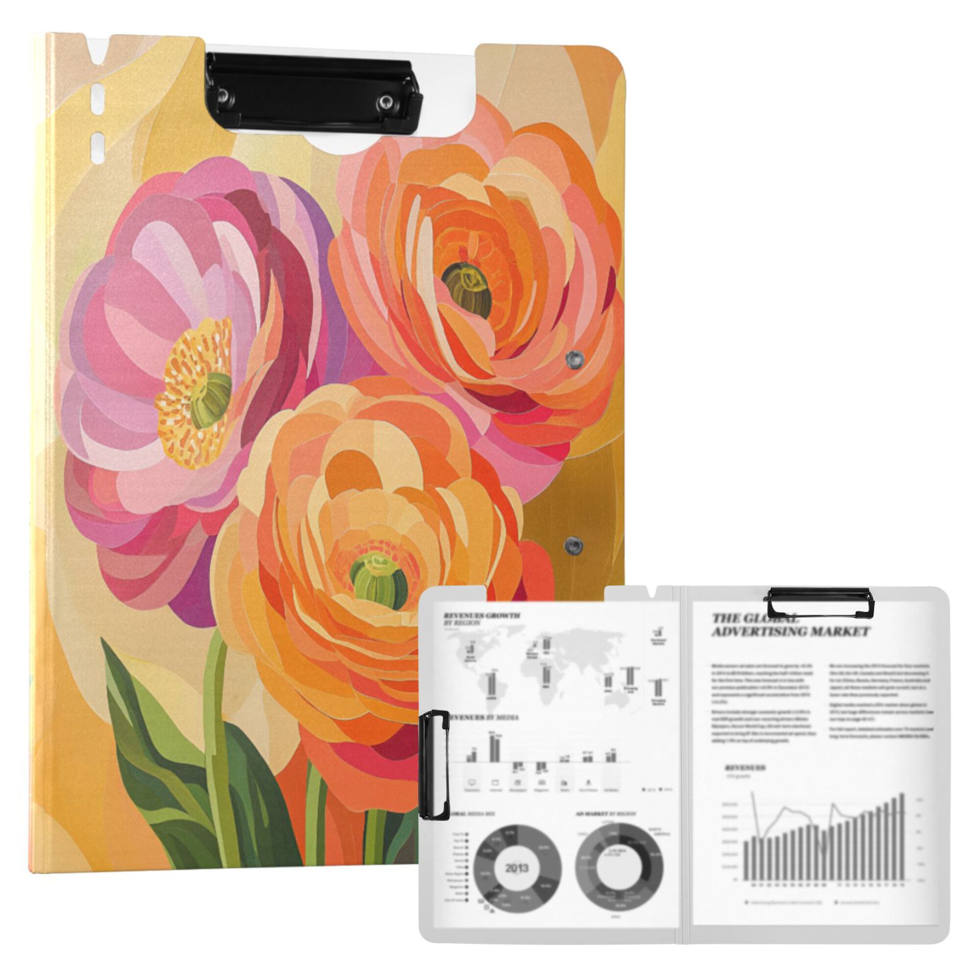 FORMRS A4 Clipboard Folder with Pen Holder Horizontal Foldable School Office Binder, Pink Abstract Floral