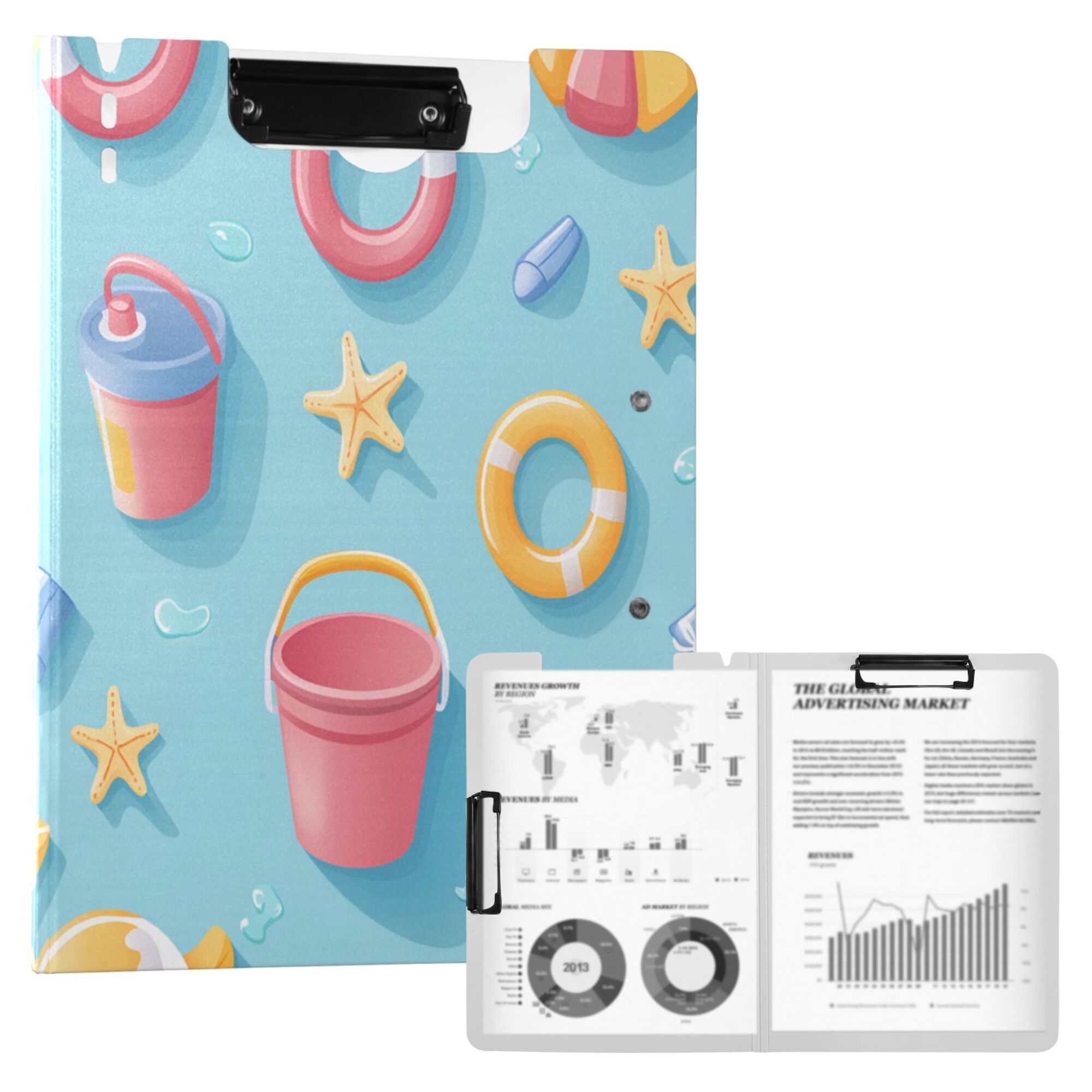 FORMRS A4 Clipboard Folder with Pen Holder Horizontal Foldable School Office Binder, Pink Beach Toys Pattern