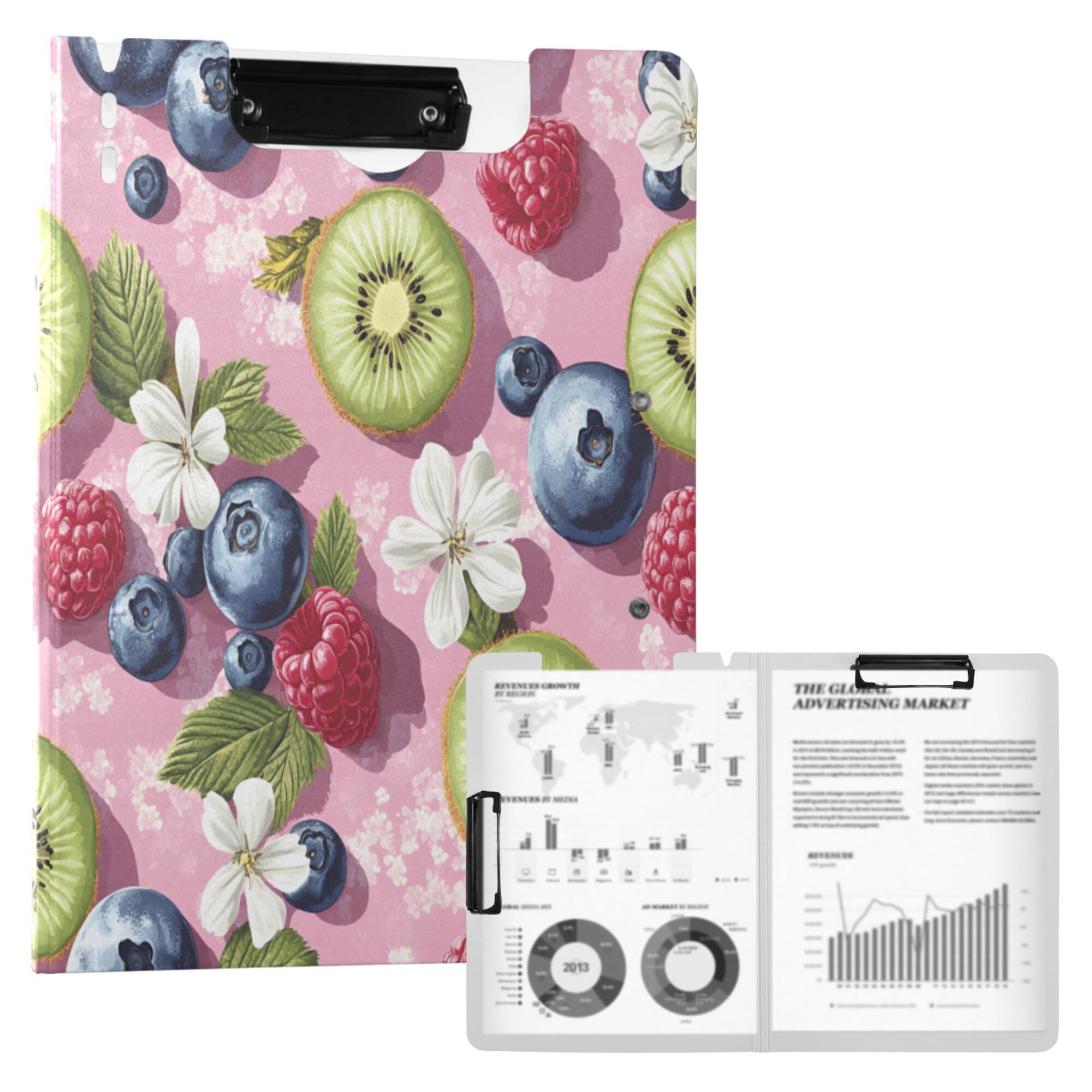 FORMRS A4 Clipboard Folder with Pen Holder Horizontal Foldable School Office Binder, Pink Blueberries