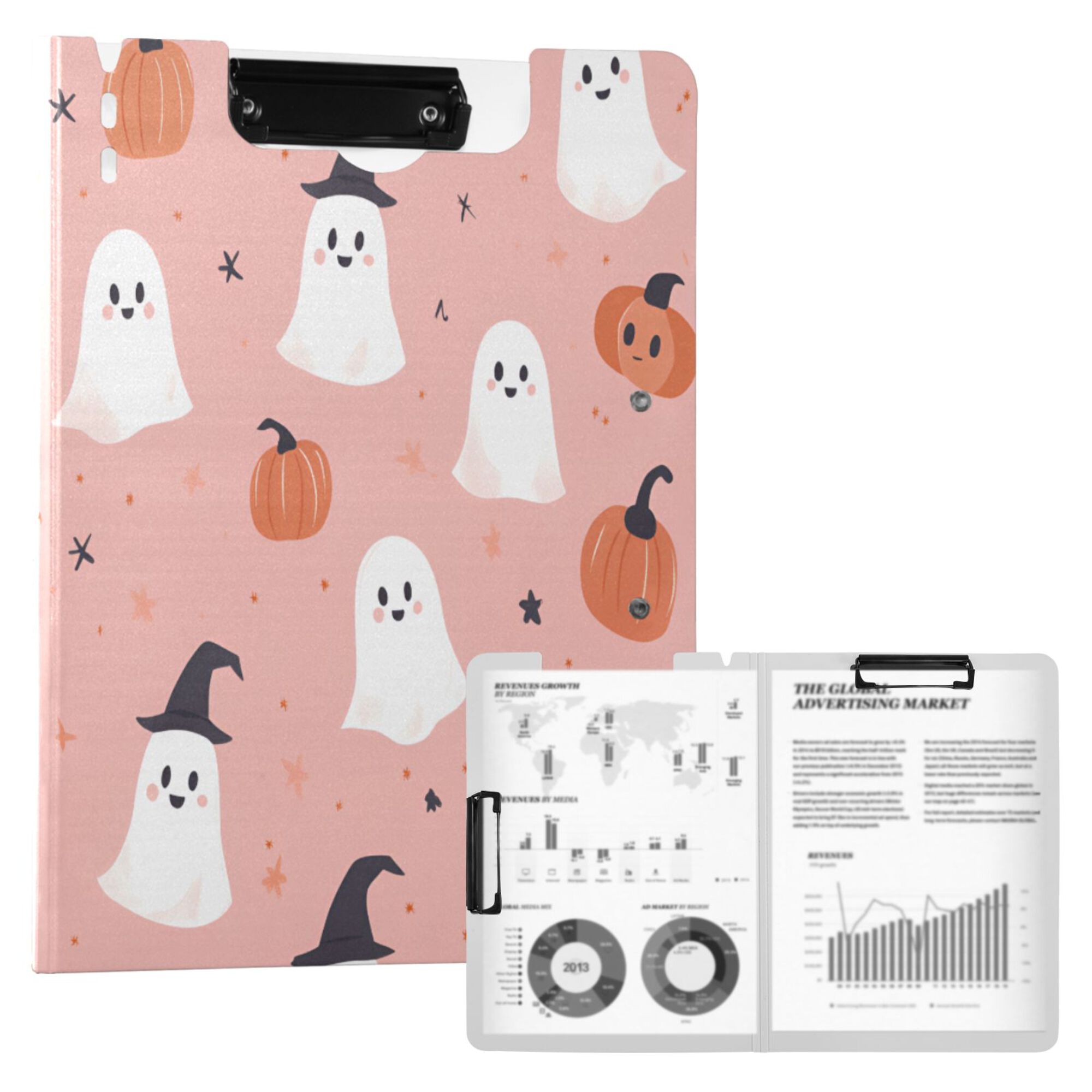 FORMRS A4 Clipboard Folder with Pen Holder Horizontal Foldable School Office Binder, Pink Cartoon Halloween