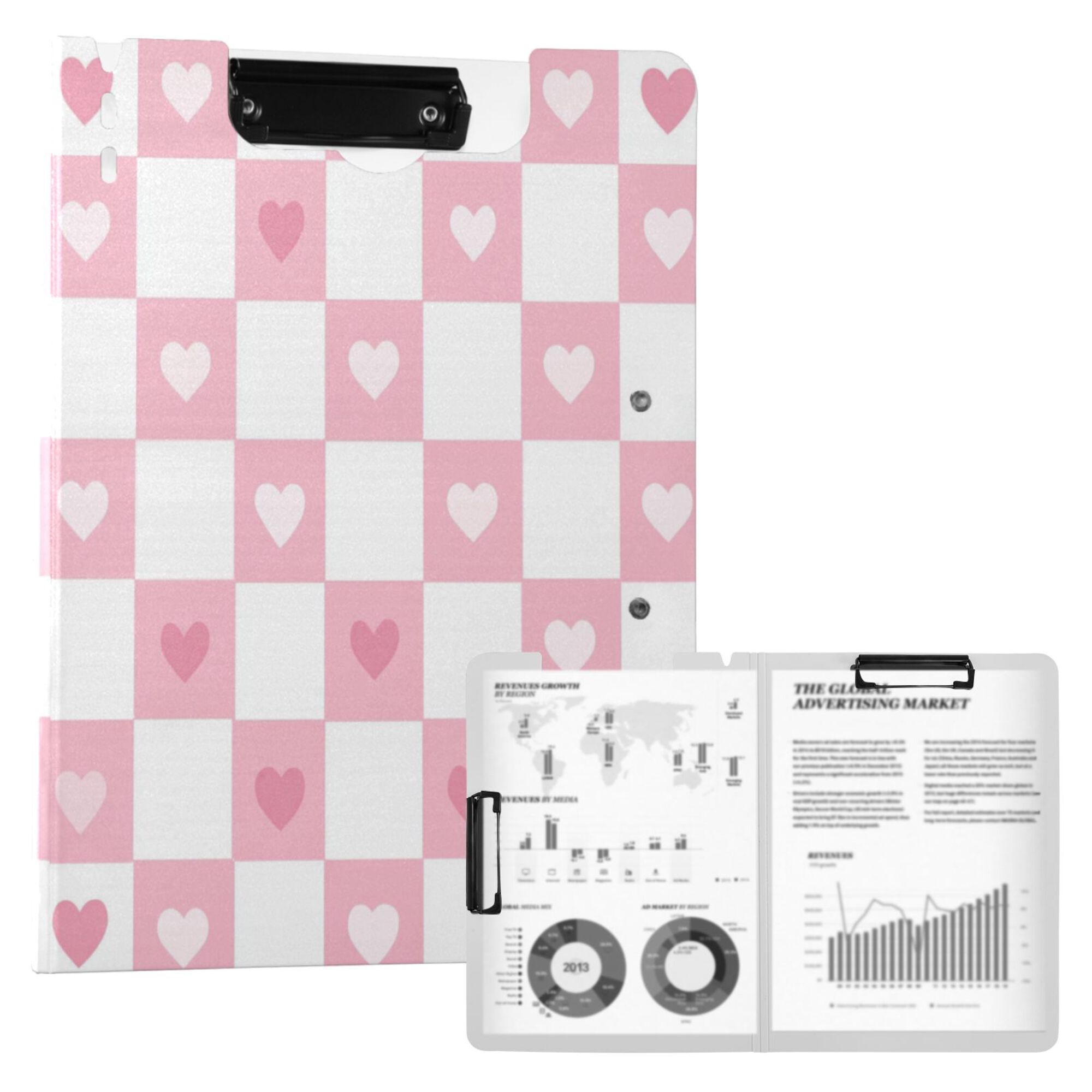 FORMRS A4 Clipboard Folder with Pen Holder Horizontal Foldable School Office Binder, Pink Checkered Heart