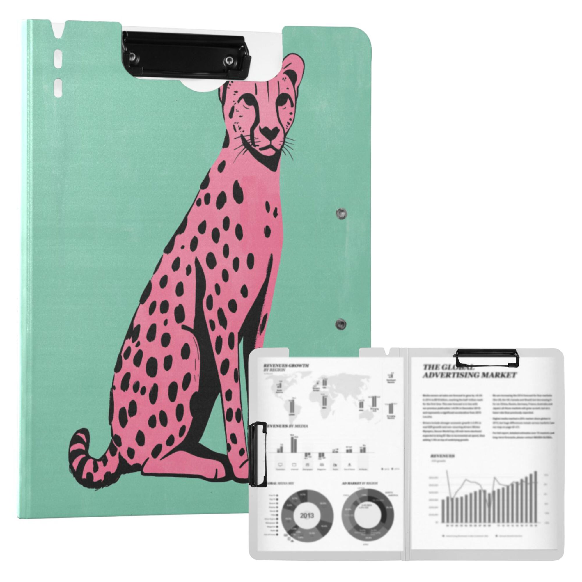 FORMRS A4 Clipboard Folder with Pen Holder Horizontal Foldable School Office Binder, Pink Cheetah