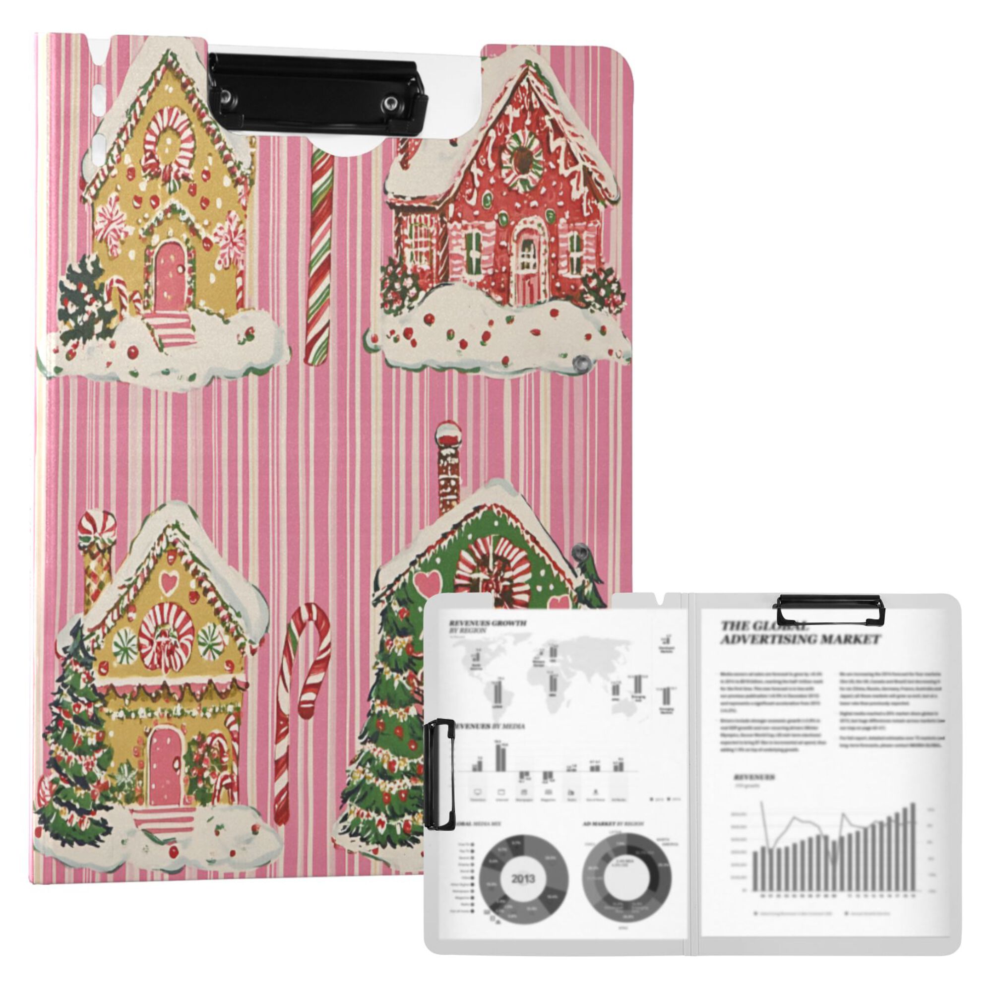 FORMRS A4 Clipboard Folder with Pen Holder Horizontal Foldable School Office Binder, Pink Christmas House