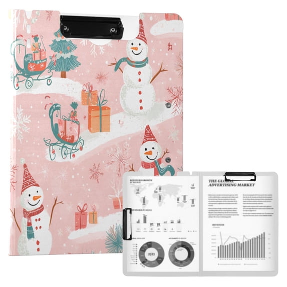 FORMRS A4 Clipboard Folder with Pen Holder Horizontal Foldable School Office Binder, Pink Christmas Snowman