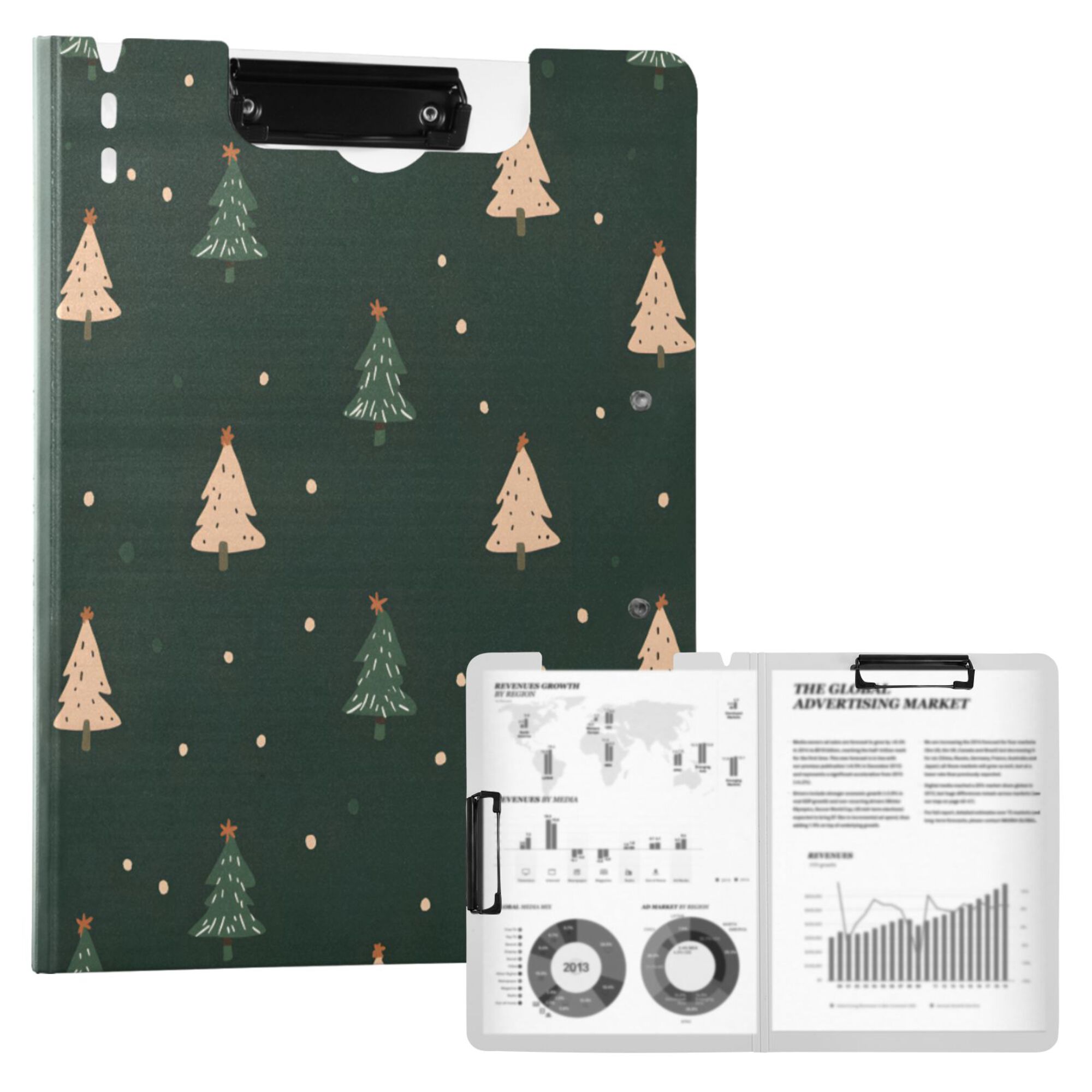 FORMRS A4 Clipboard Folder with Pen Holder Horizontal Foldable School Office Binder, Pink Christmas Trees