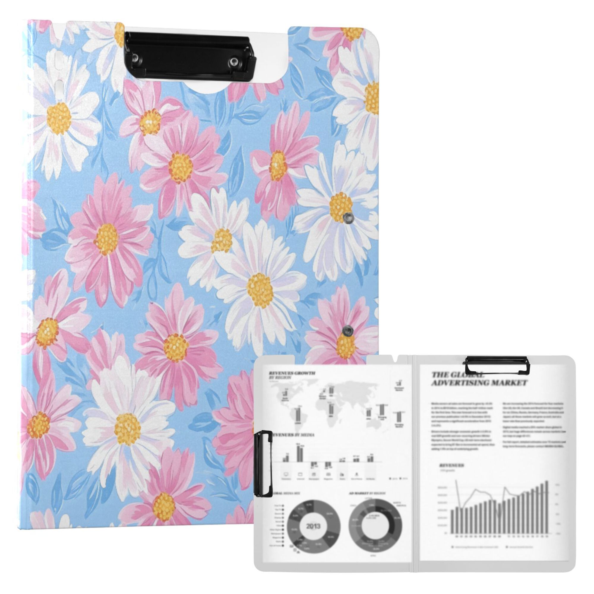 FORMRS A4 Clipboard Folder with Pen Holder Horizontal Foldable School Office Binder, Pink Daisy