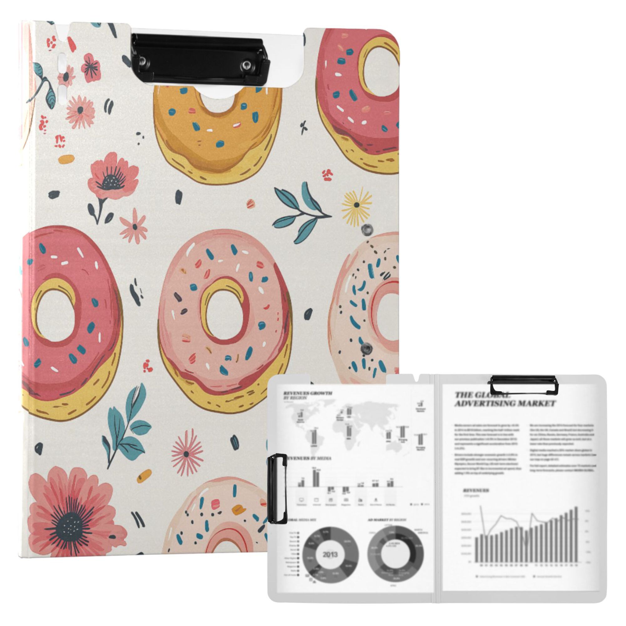 FORMRS A4 Clipboard Folder with Pen Holder Horizontal Foldable School Office Binder, Pink Donut